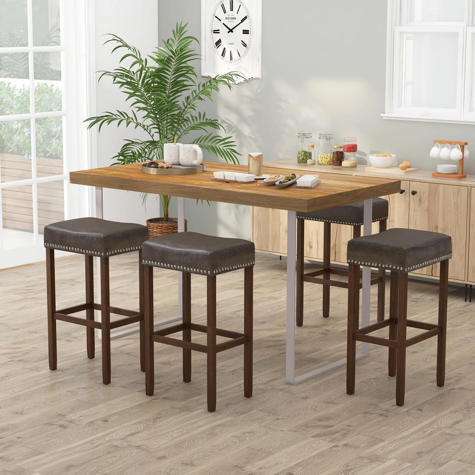 Giantex Bar Stools, Saddle-Shaped Kitchen Stools, PU Leather Bar Height Saddle Stools w/Footrests