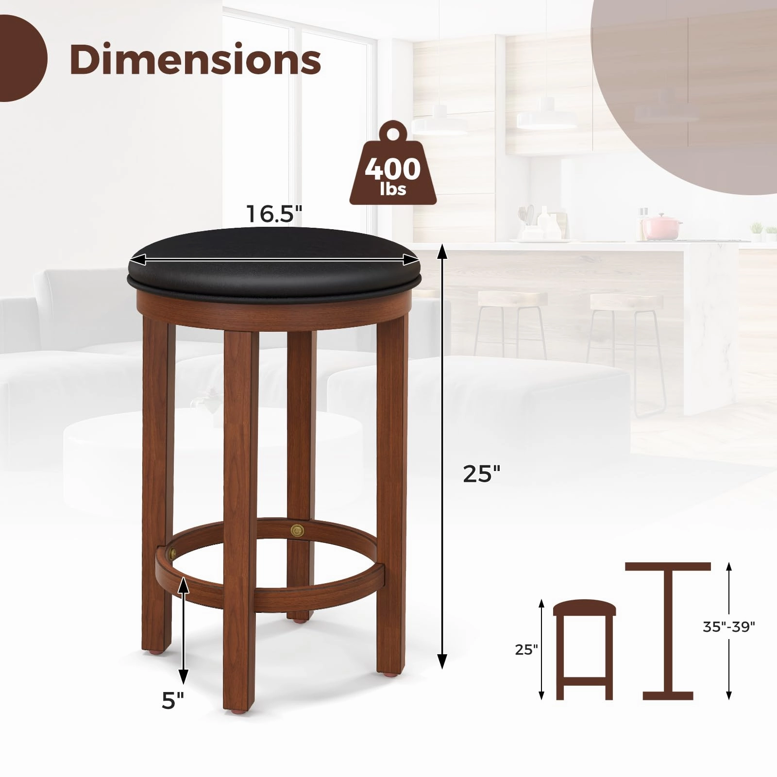 Giantex Bar Stools Set, 25-Inch Counter Height Stools with Round Seat, Footrest, Wooden Frame