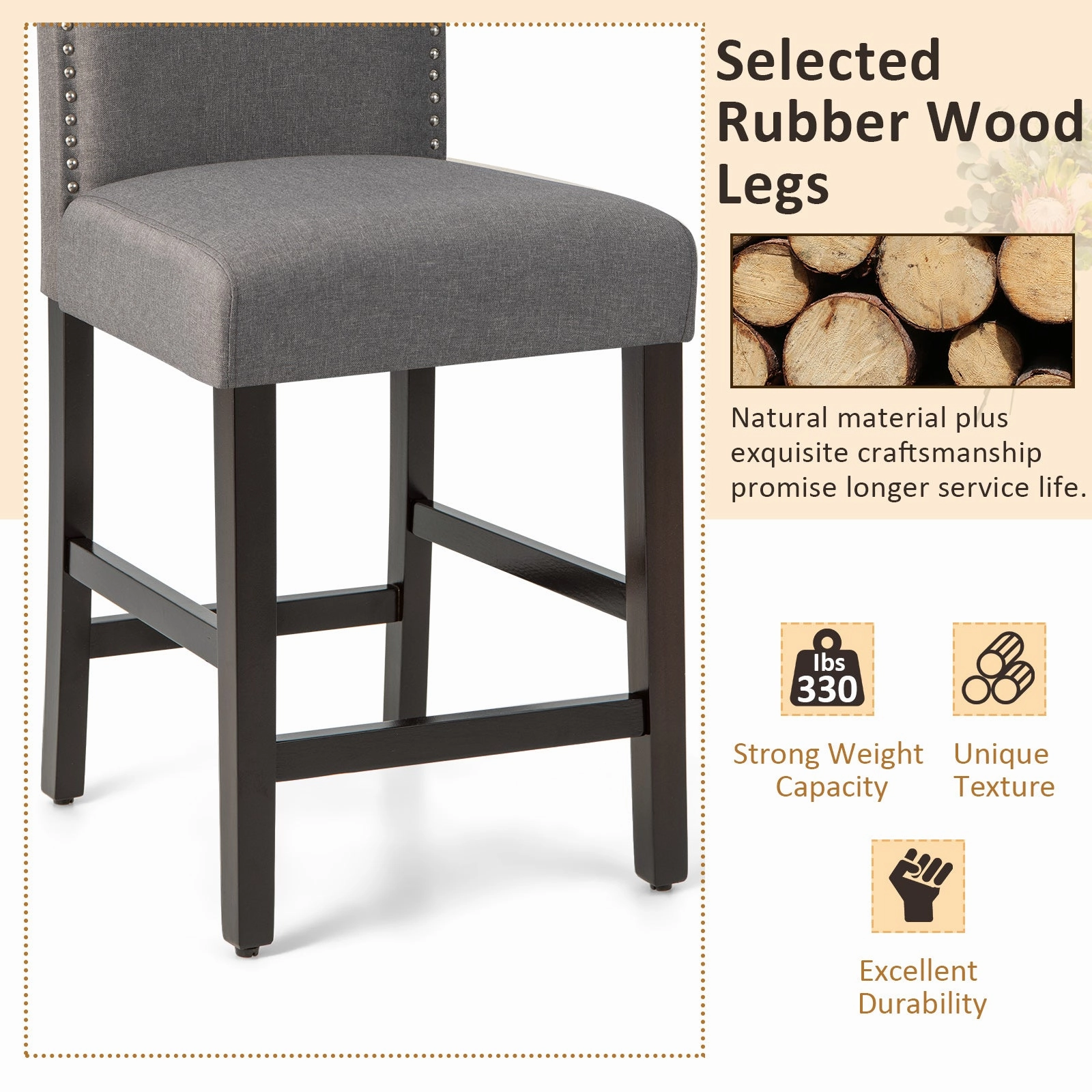 Giantex Bar Stools Set of 2, 25" Counter Height Bar Dining Chairs with Rubber Wood Legs
