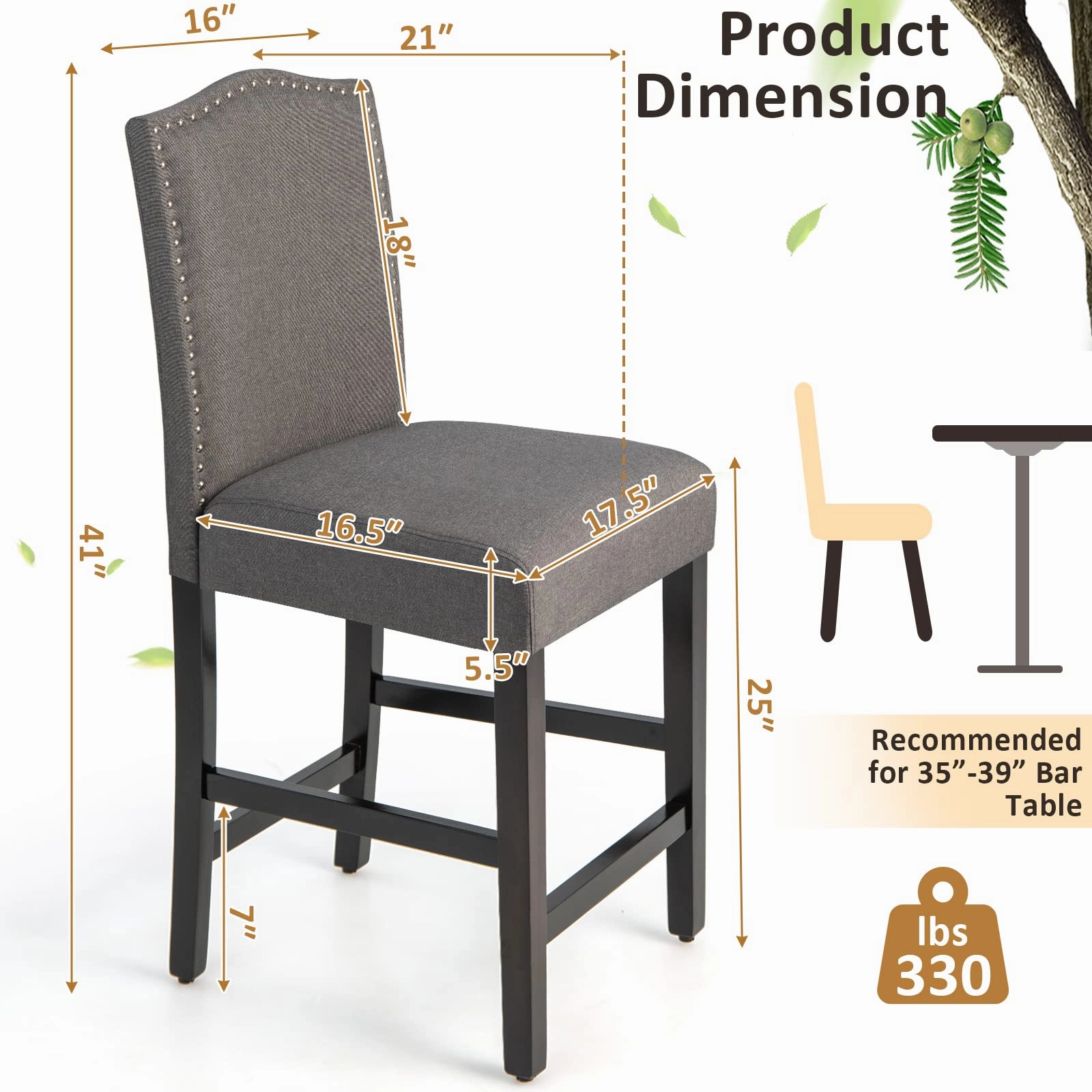Giantex Bar Stools Set of 2, 25" Counter Height Bar Dining Chairs with Rubber Wood Legs