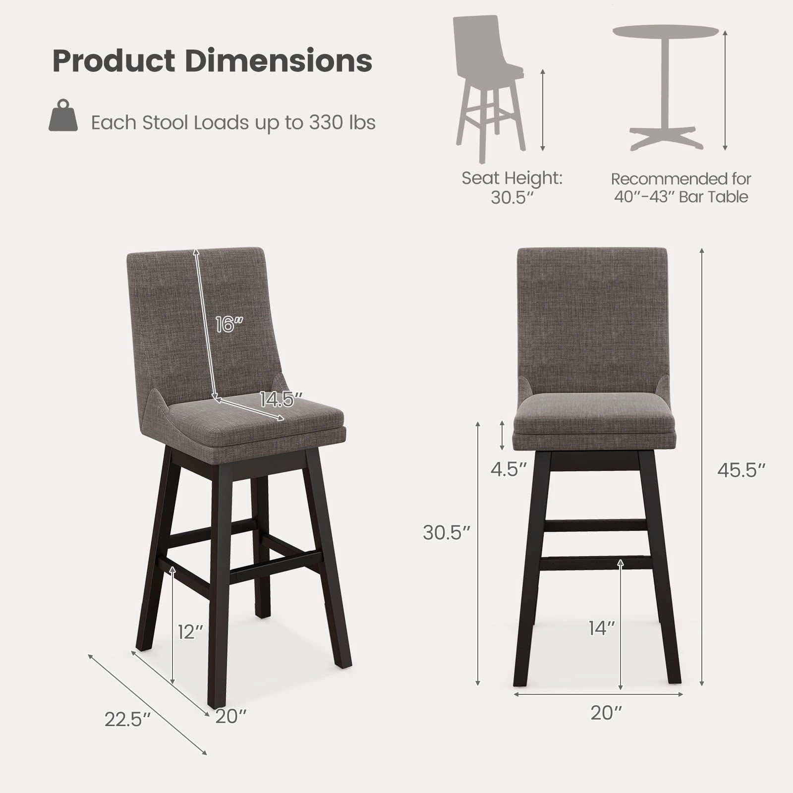 Giantex Bar Stools Set of 2, 30.5" Bar Height 360-degree Swivel Barstools with Rubber Wood Legs, Gray