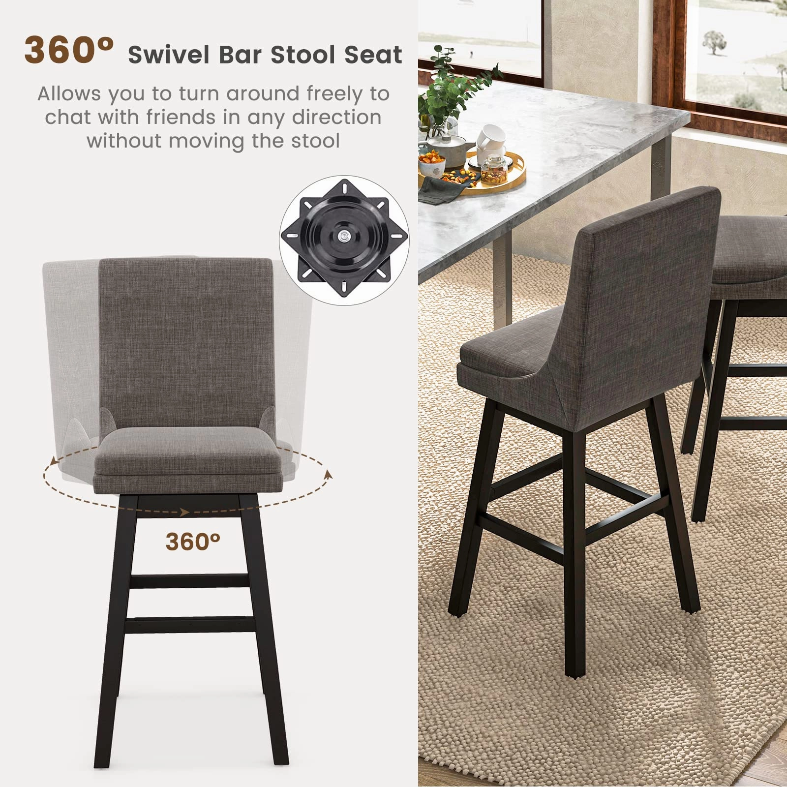Giantex Bar Stools Set of 2, 30.5" Bar Height 360-degree Swivel Barstools with Rubber Wood Legs, Gray