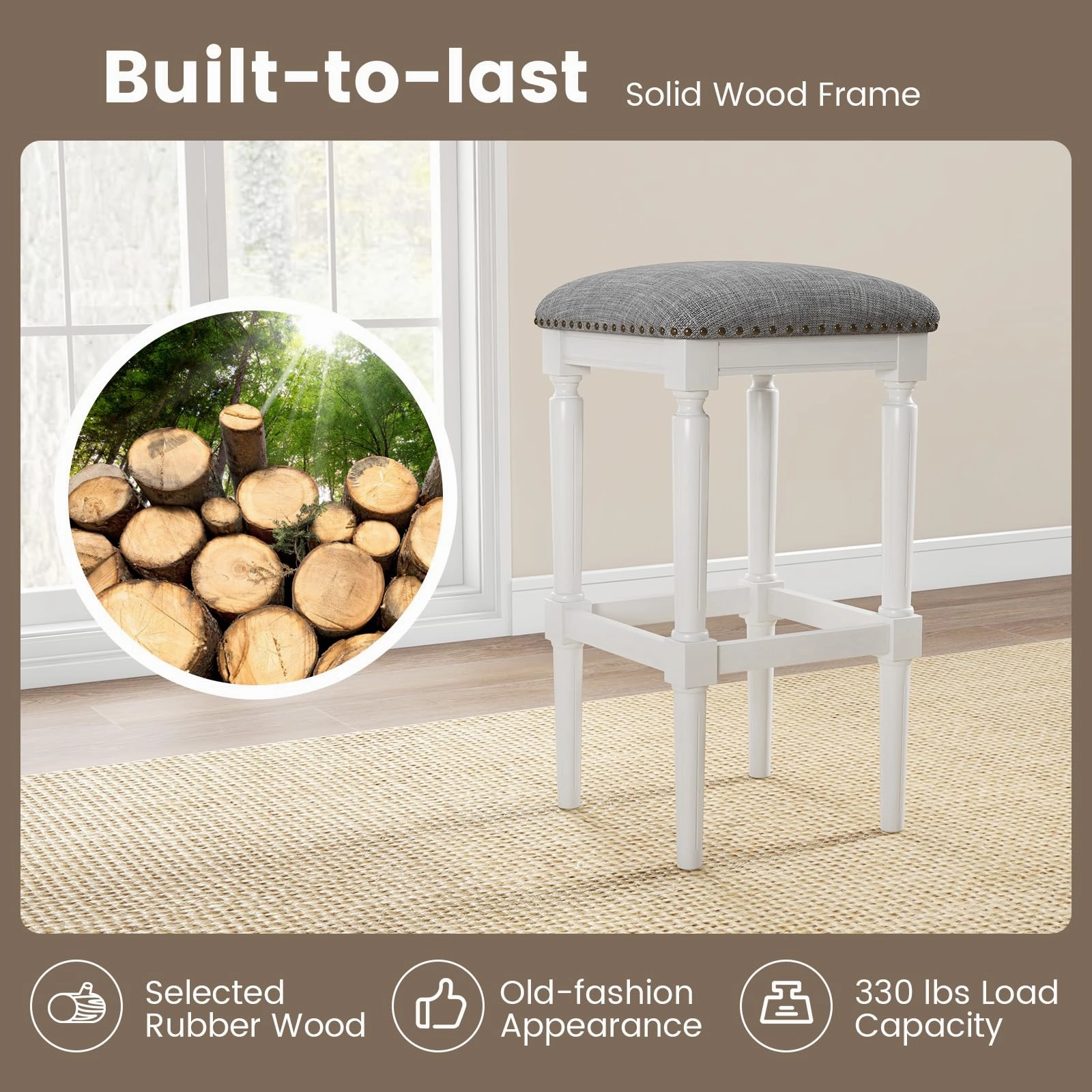 Giantex Bar Stools Set of 2, 3-Height Adjustable 19"/27"/31" Wood Barstools with Padded Seat