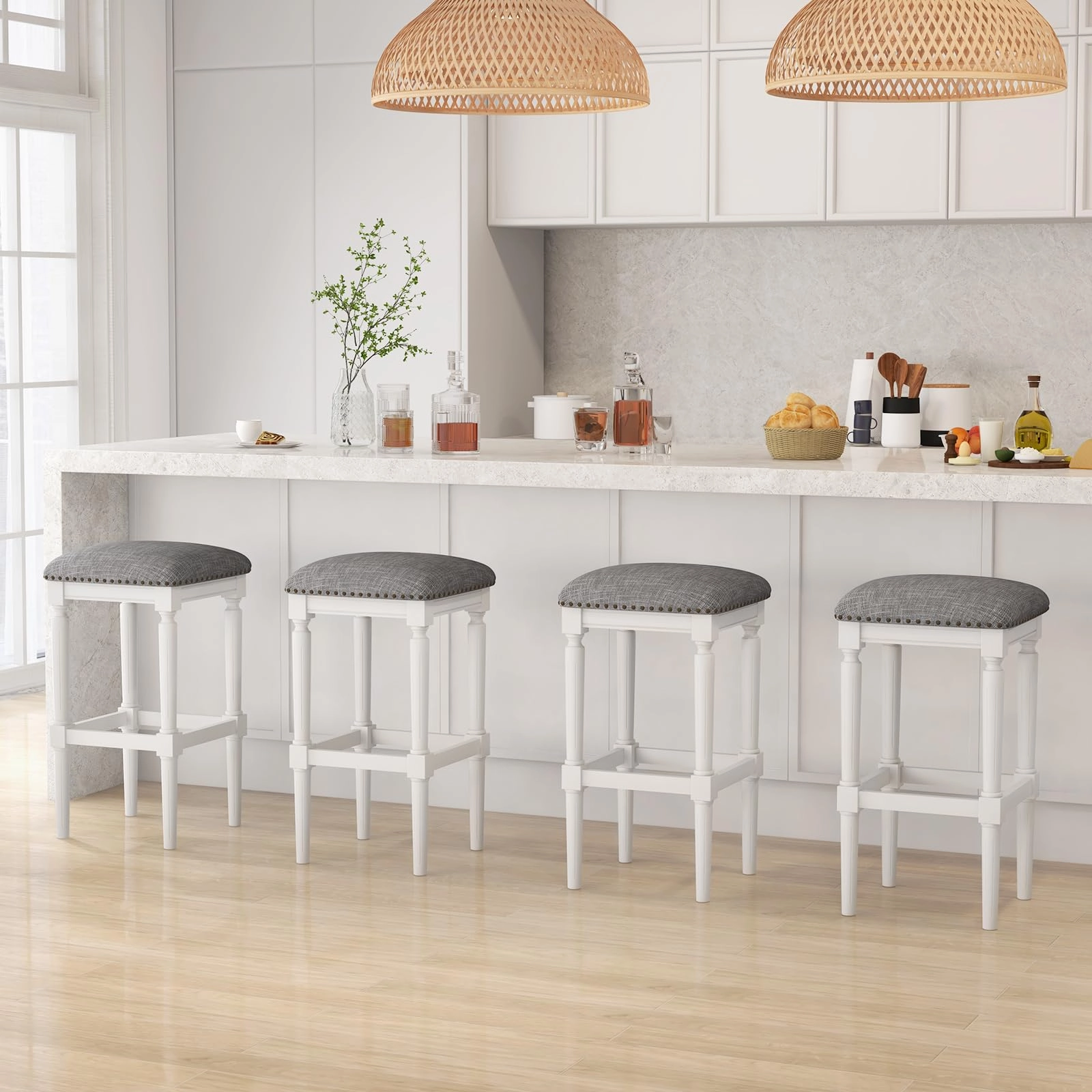 Giantex Bar Stools Set of 2, 3-Height Adjustable 19"/27"/31" Wood Barstools with Padded Seat