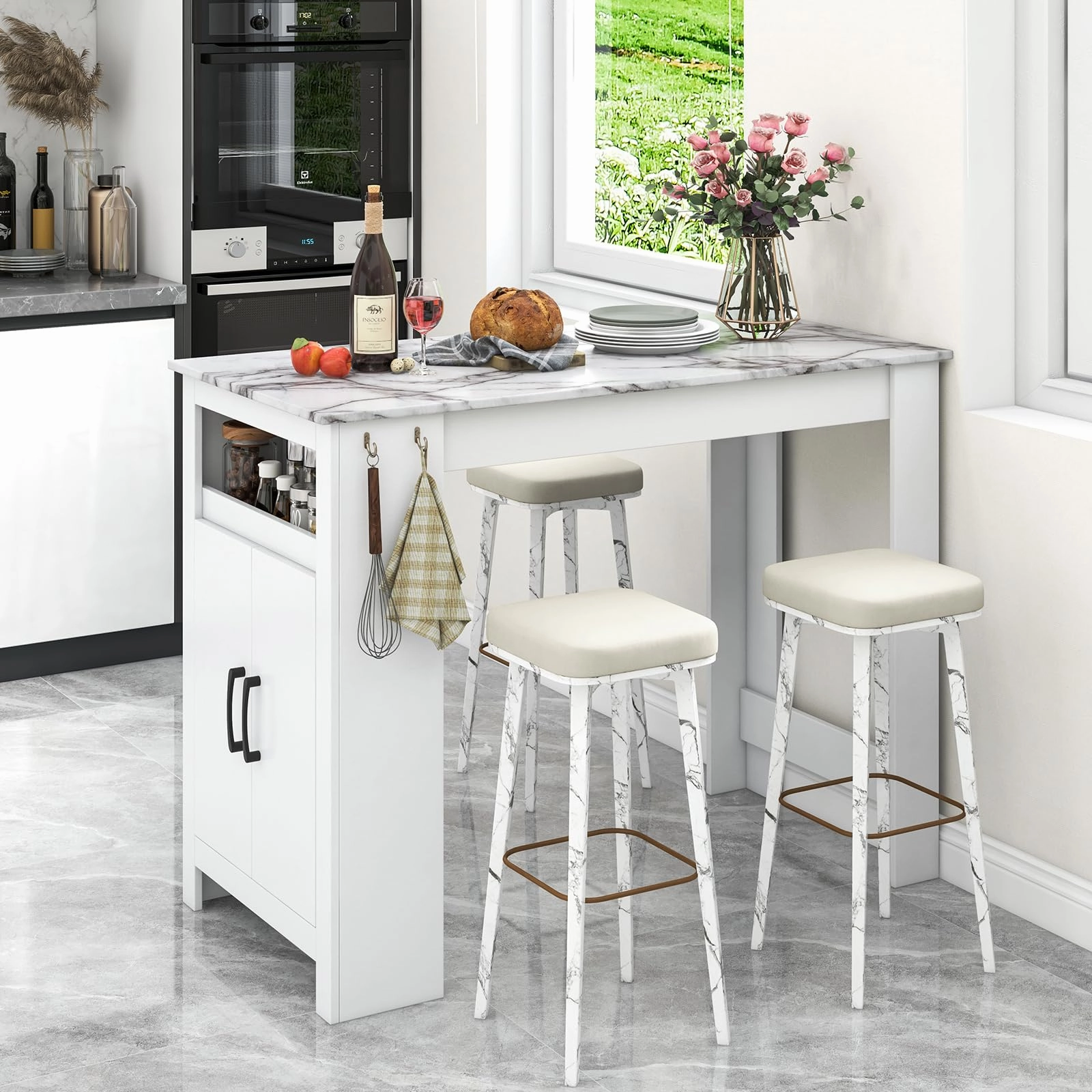 Giantex Bar Table, 47 Counter Height Dining Table with 7 Hanging Hooks, Compartment, Cabinet & Adjustable Shelf