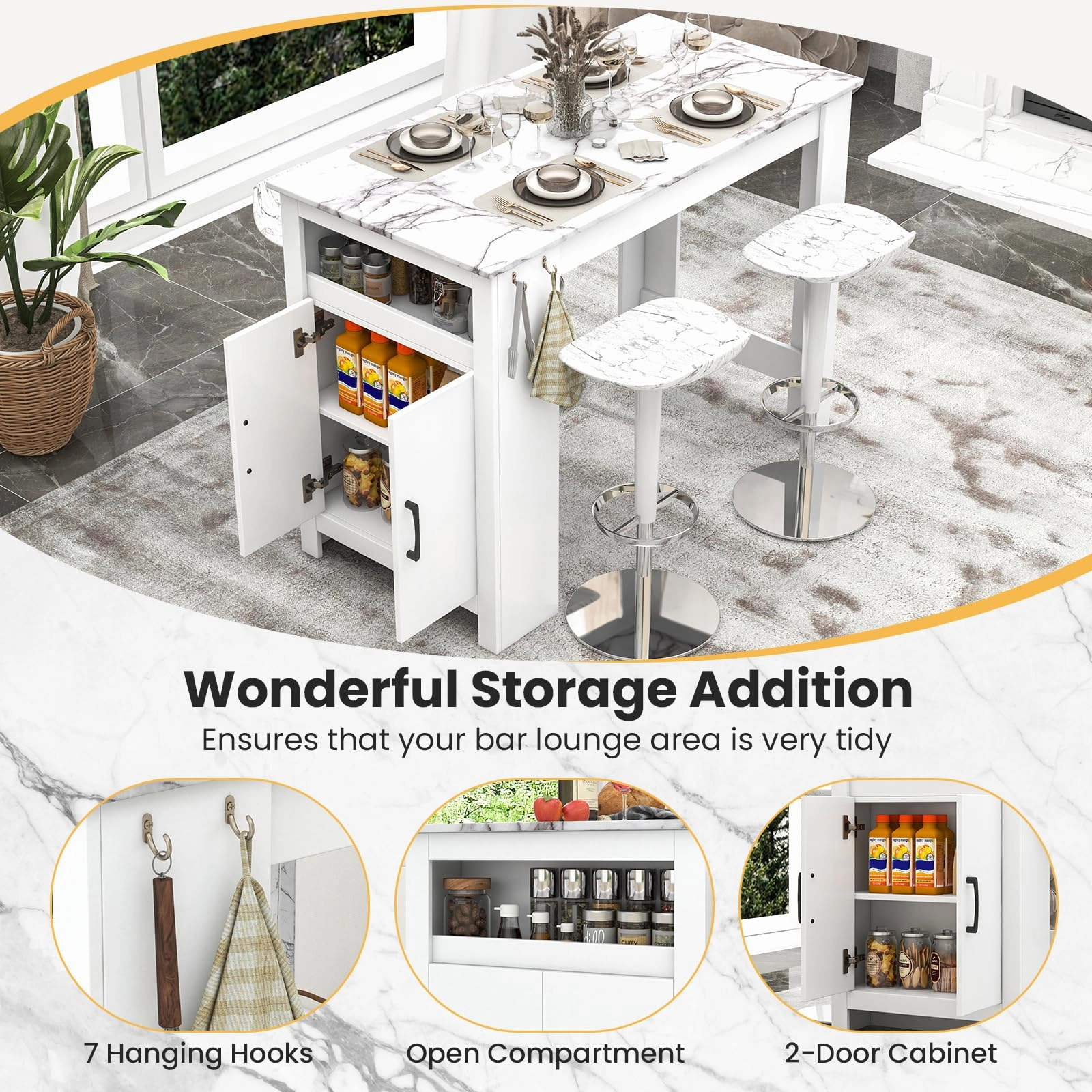 Giantex Bar Table, 47 Counter Height Dining Table with 7 Hanging Hooks, Compartment, Cabinet & Adjustable Shelf