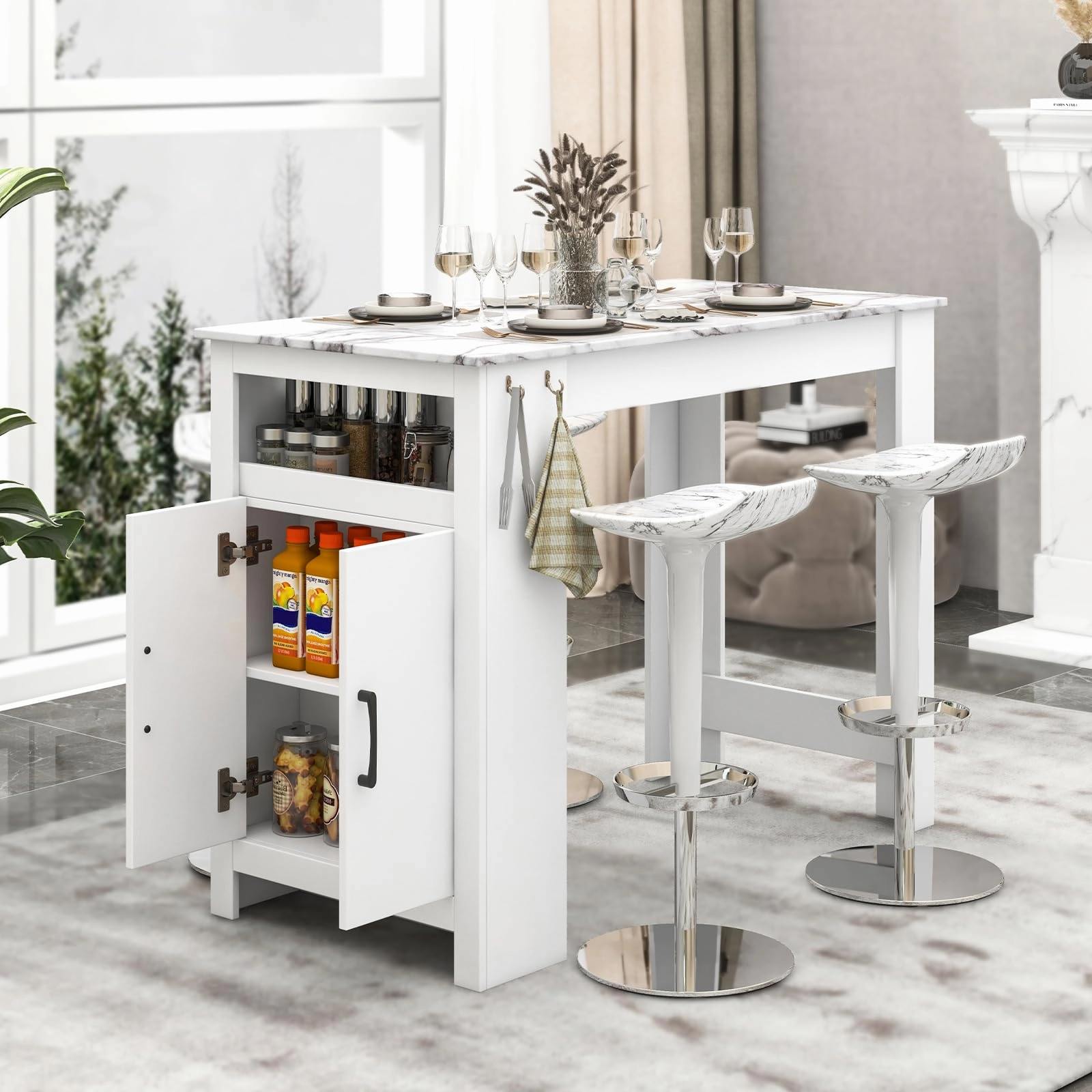 Giantex Bar Table, 47 Counter Height Dining Table with 7 Hanging Hooks, Compartment, Cabinet & Adjustable Shelf
