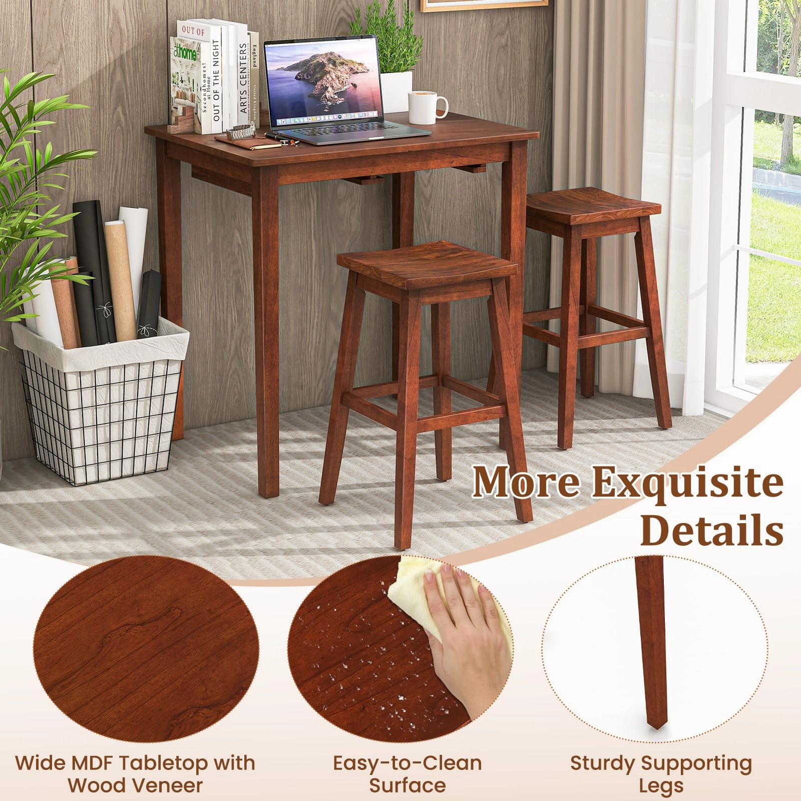 Giantex Bar Table and Chairs Set - 3-Piece Counter Height Dining Table Set with Hangable Bar Stools