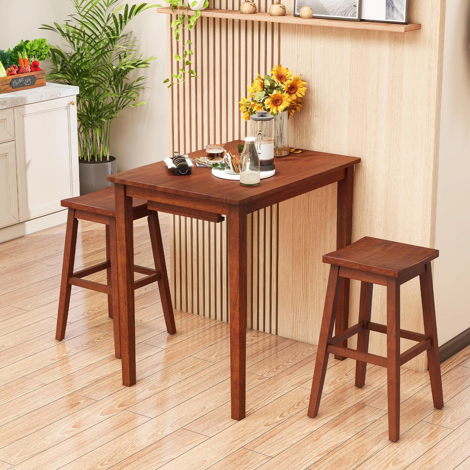 Giantex Bar Table and Chairs Set - 3-Piece Counter Height Dining Table Set with Hangable Bar Stools