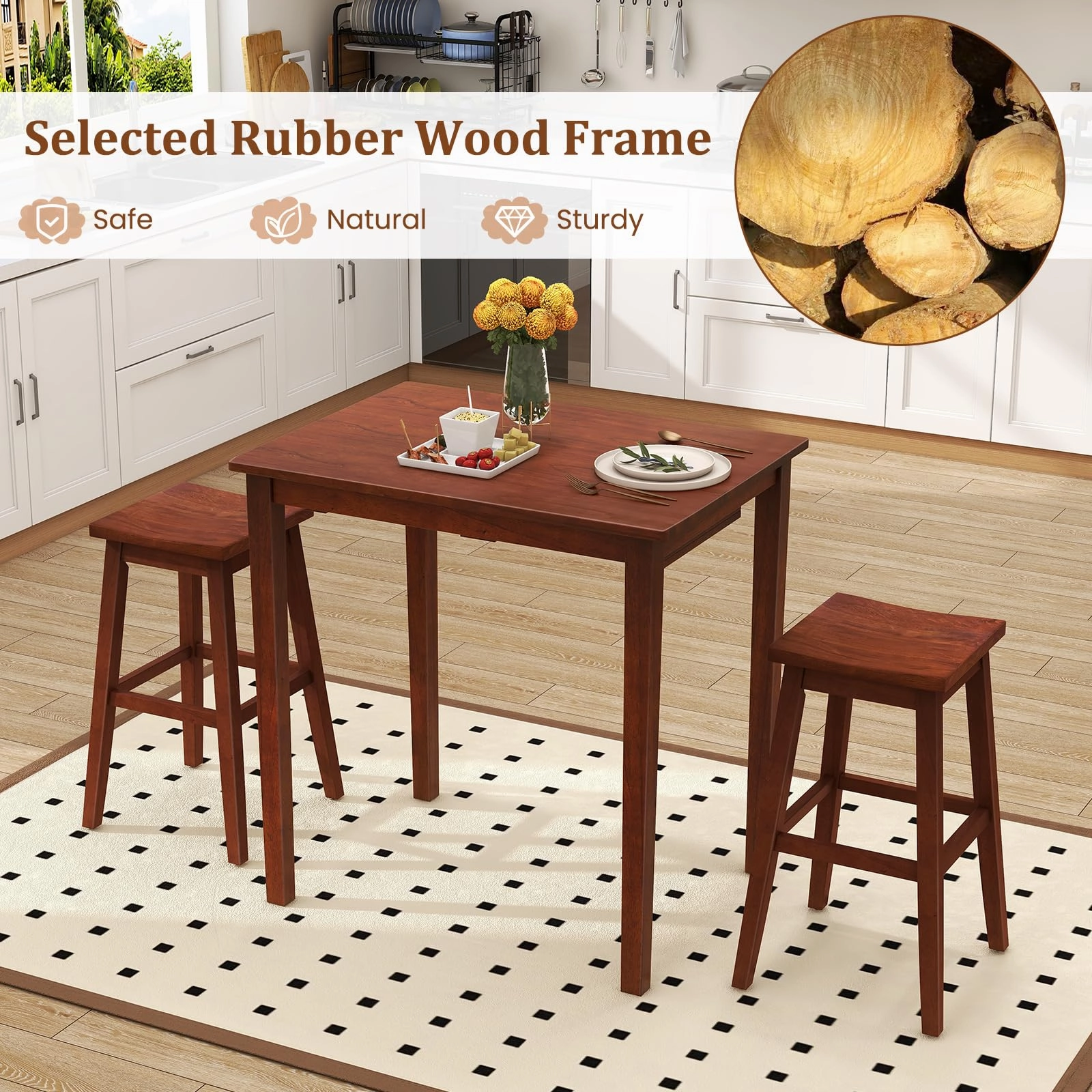 Giantex Bar Table and Chairs Set - 3-Piece Counter Height Dining Table Set with Hangable Bar Stools