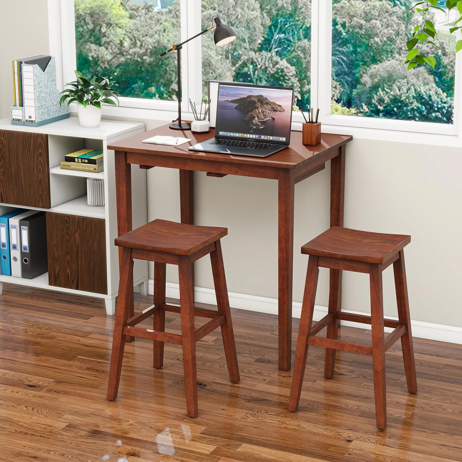 Giantex Bar Table and Chairs Set - 3-Piece Counter Height Dining Table Set with Hangable Bar Stools