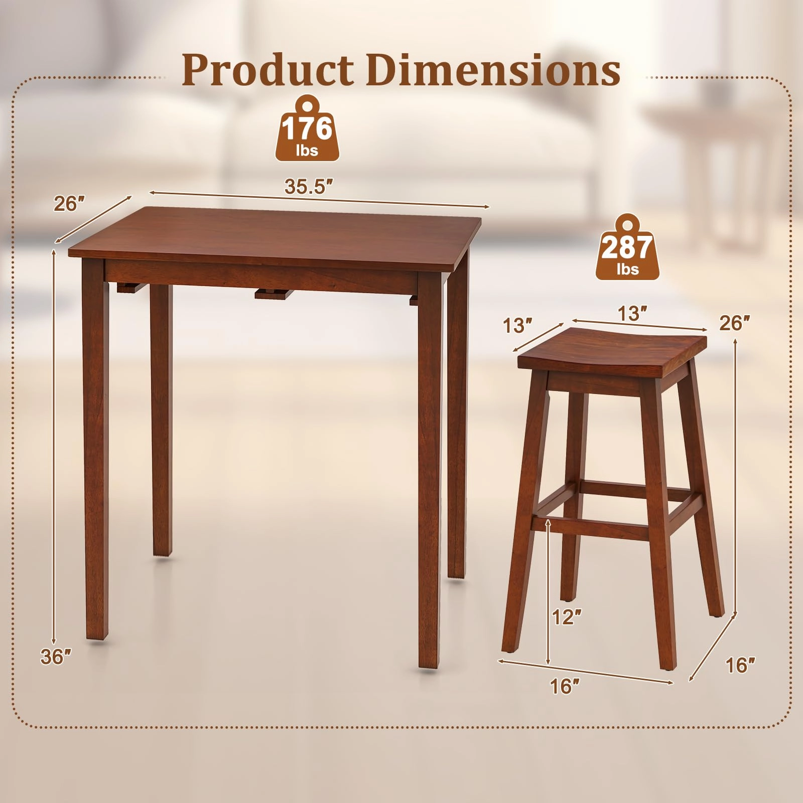 Giantex Bar Table and Chairs Set - 3-Piece Counter Height Dining Table Set with Hangable Bar Stools