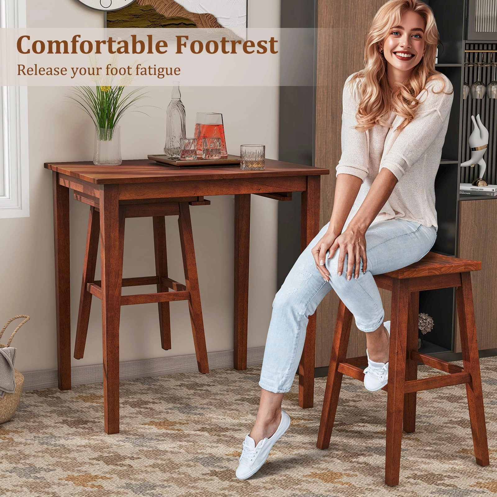 Giantex Bar Table and Chairs Set - 3-Piece Counter Height Dining Table Set with Hangable Bar Stools