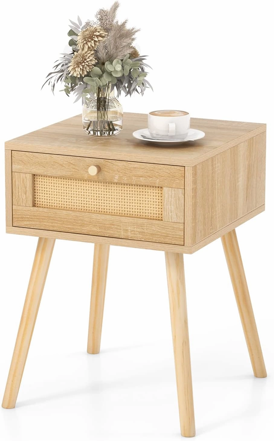 Giantex Boho Rattan Nightstand Set of 2 - Bedside Table with Hand-Woven Rattan Decoration, Natural
