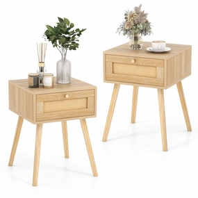 Giantex Boho Rattan Nightstand Set of 2 - Bedside Table with Hand-Woven Rattan Decoration, Natural entry bench, mudroom storage