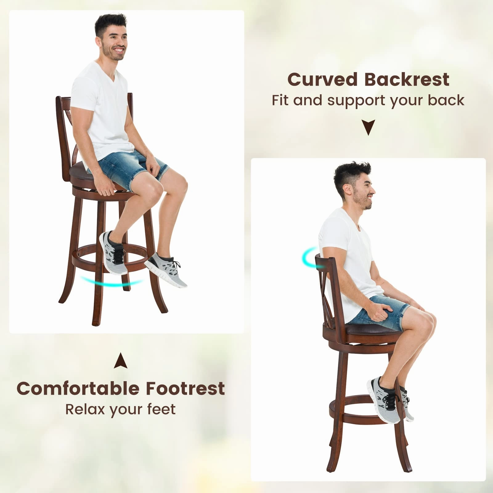 Giantex Brown Bar Stools PU Leather Cushioned Seat and Footrests, for Kitchen Island