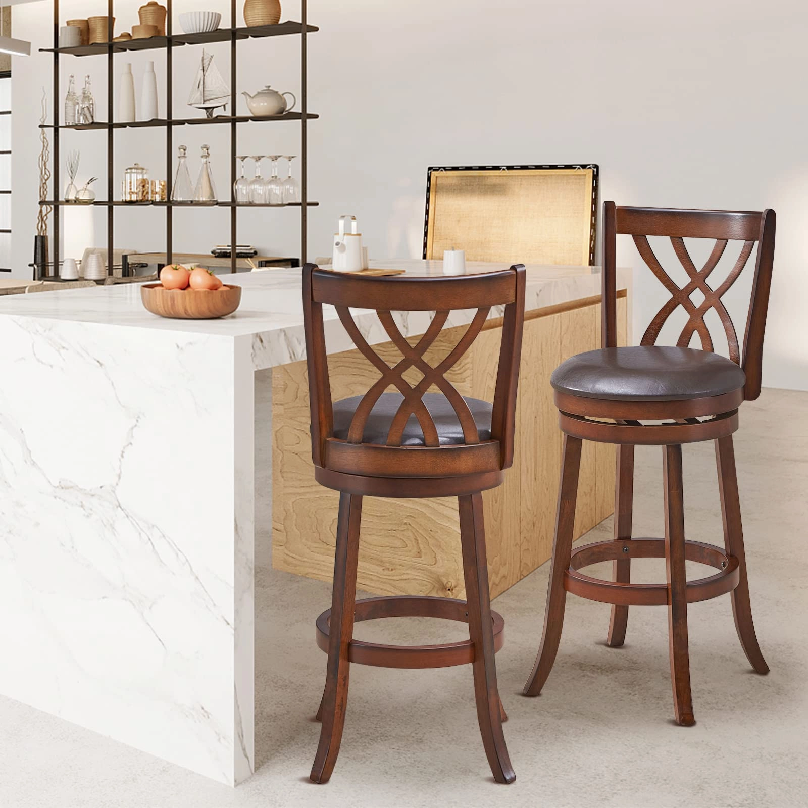 Giantex Brown Bar Stools PU Leather Cushioned Seat and Footrests, for Kitchen Island