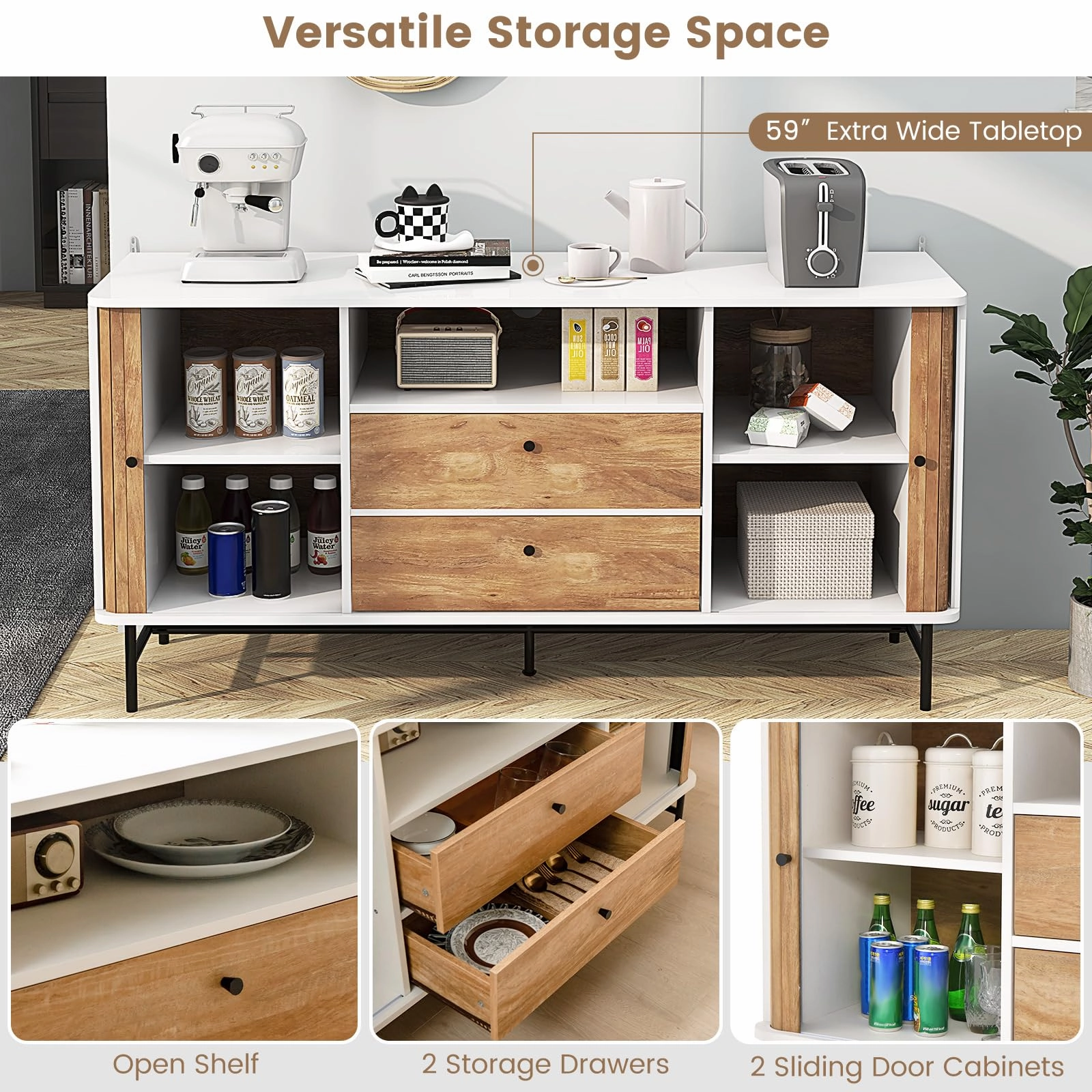 Giantex Buffet Cabinet with Storage, 59" Modern Coffee Bar Sideboard w/Sliding Tambour Doors