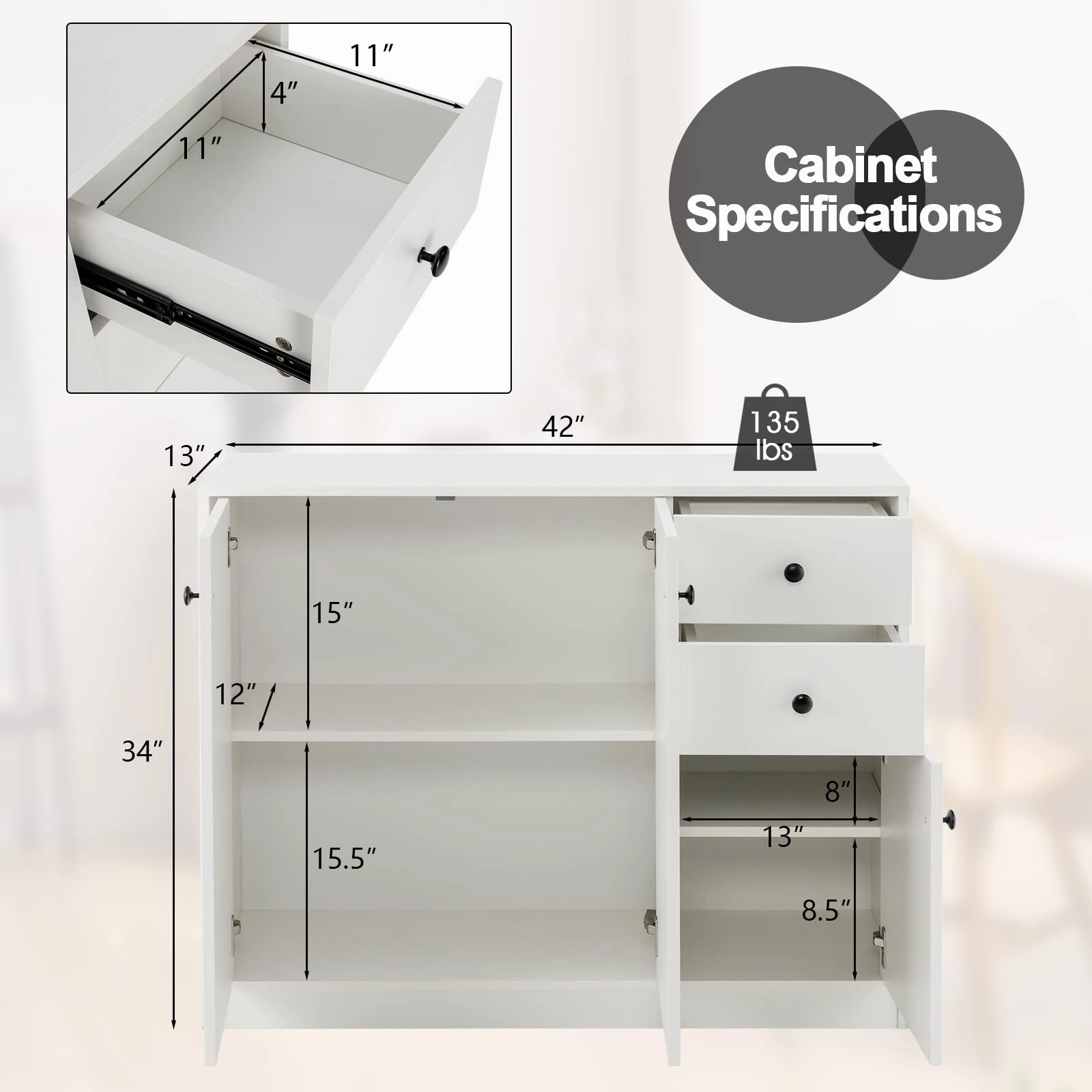 Giantex Buffet Cabinet with Storage - Kitchen Sideboard with 2 Drawers, 3-Door Large & Small Cabinet