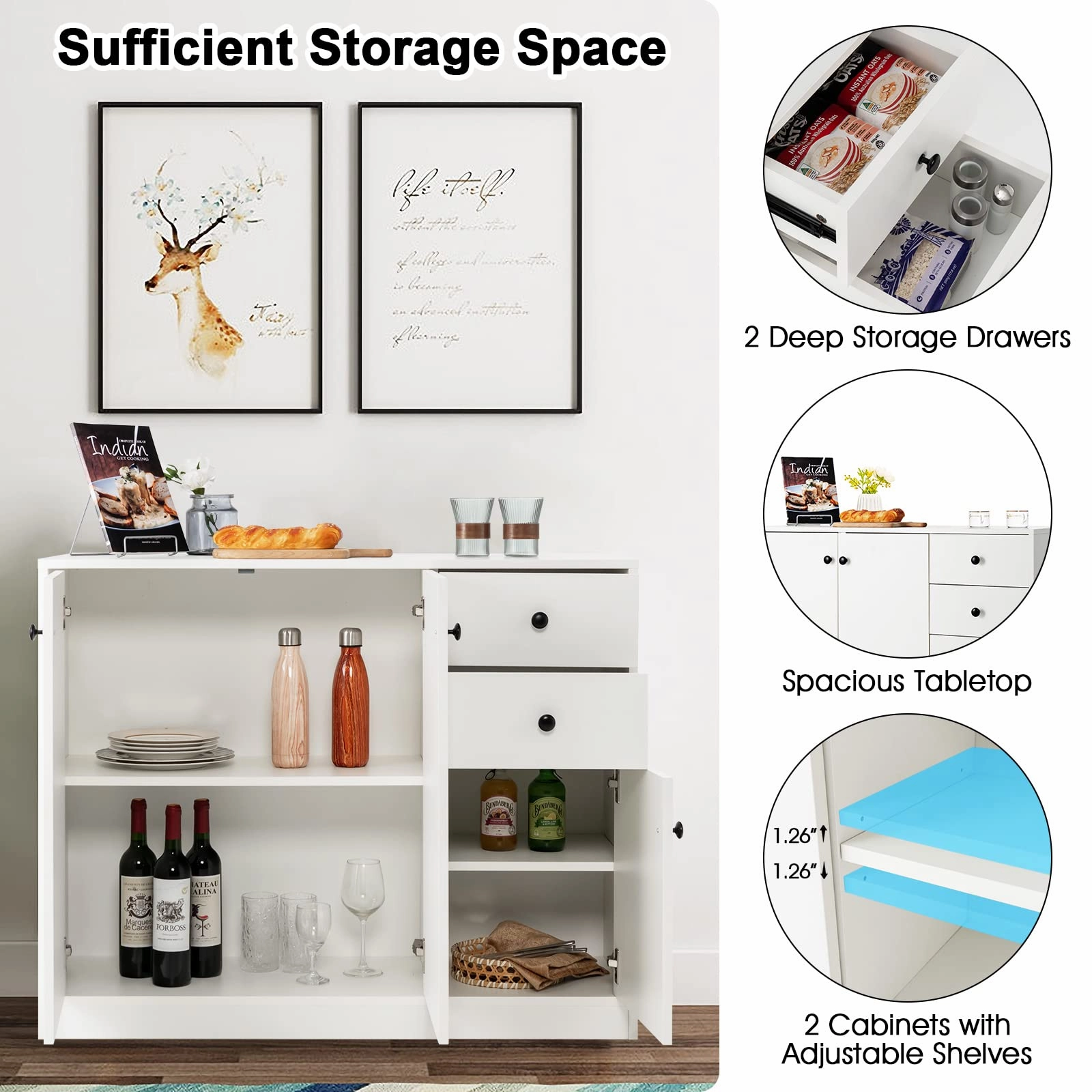 Giantex Buffet Cabinet with Storage - Kitchen Sideboard with 2 Drawers, 3-Door Large & Small Cabinet