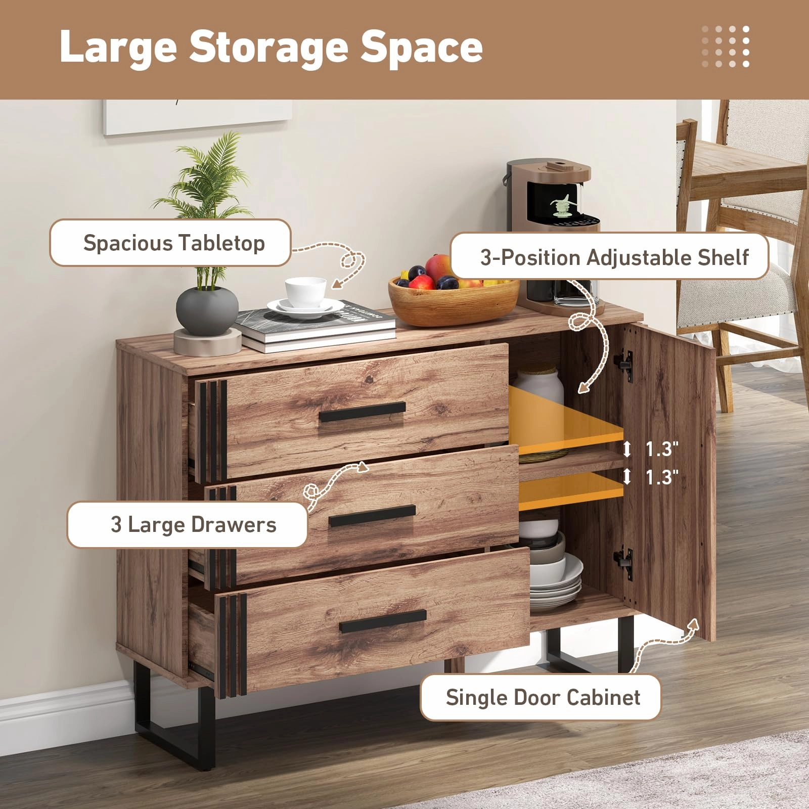 Giantex Buffet Cabinet with Storage, Kitchen Sideboard with 3 Large Drawers & 1-Door Storage Cabinet