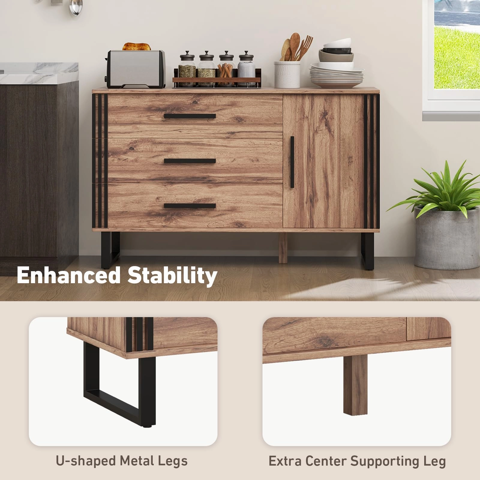 Giantex Buffet Cabinet with Storage, Kitchen Sideboard with 3 Large Drawers & 1-Door Storage Cabinet
