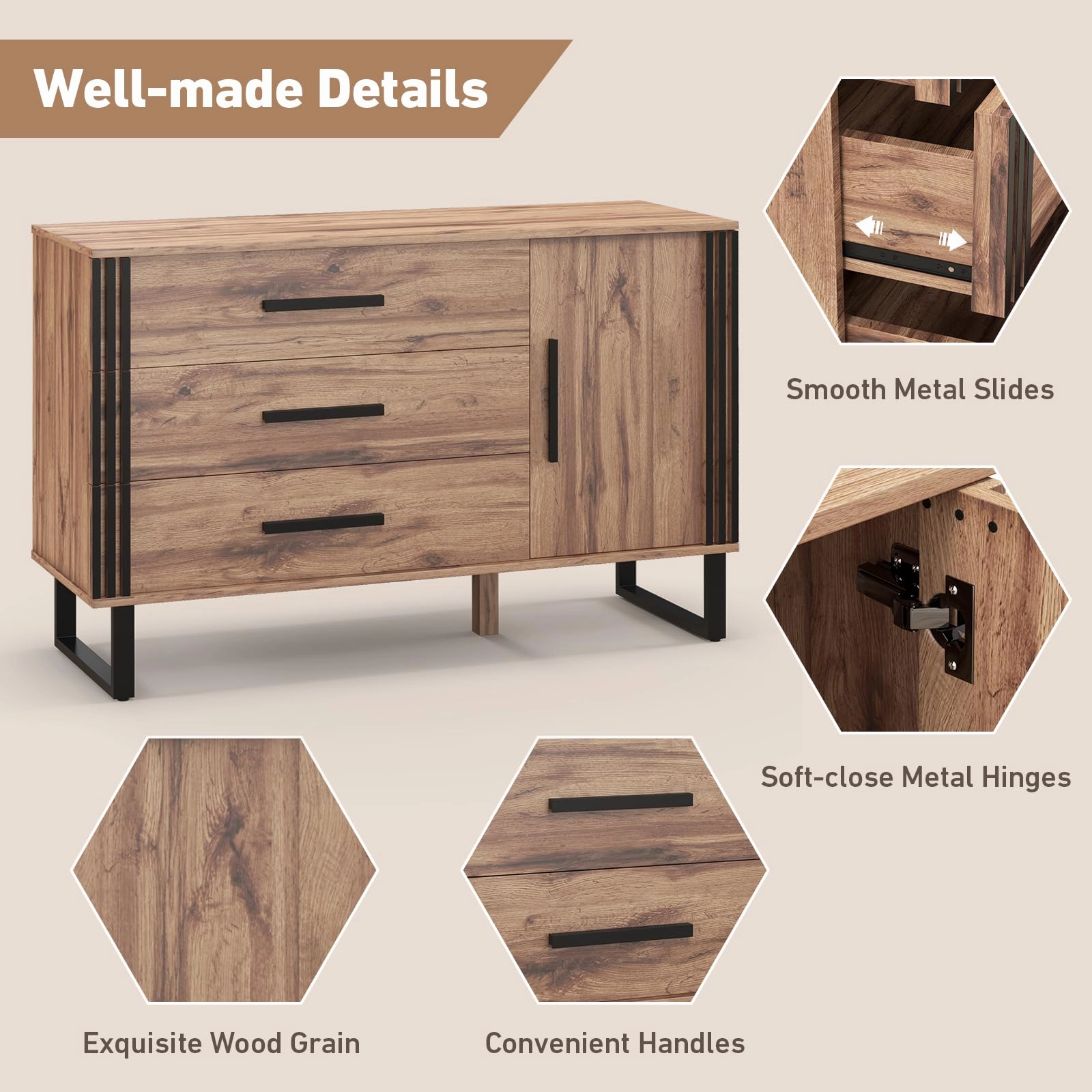 Giantex Buffet Cabinet with Storage, Kitchen Sideboard with 3 Large Drawers & 1-Door Storage Cabinet
