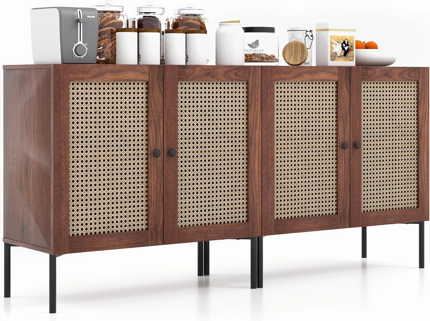 Giantex Buffet Cabinet, Wood Sideboard Storage Cabinet with Rattan Door, 3-Position Adjustable Shelf