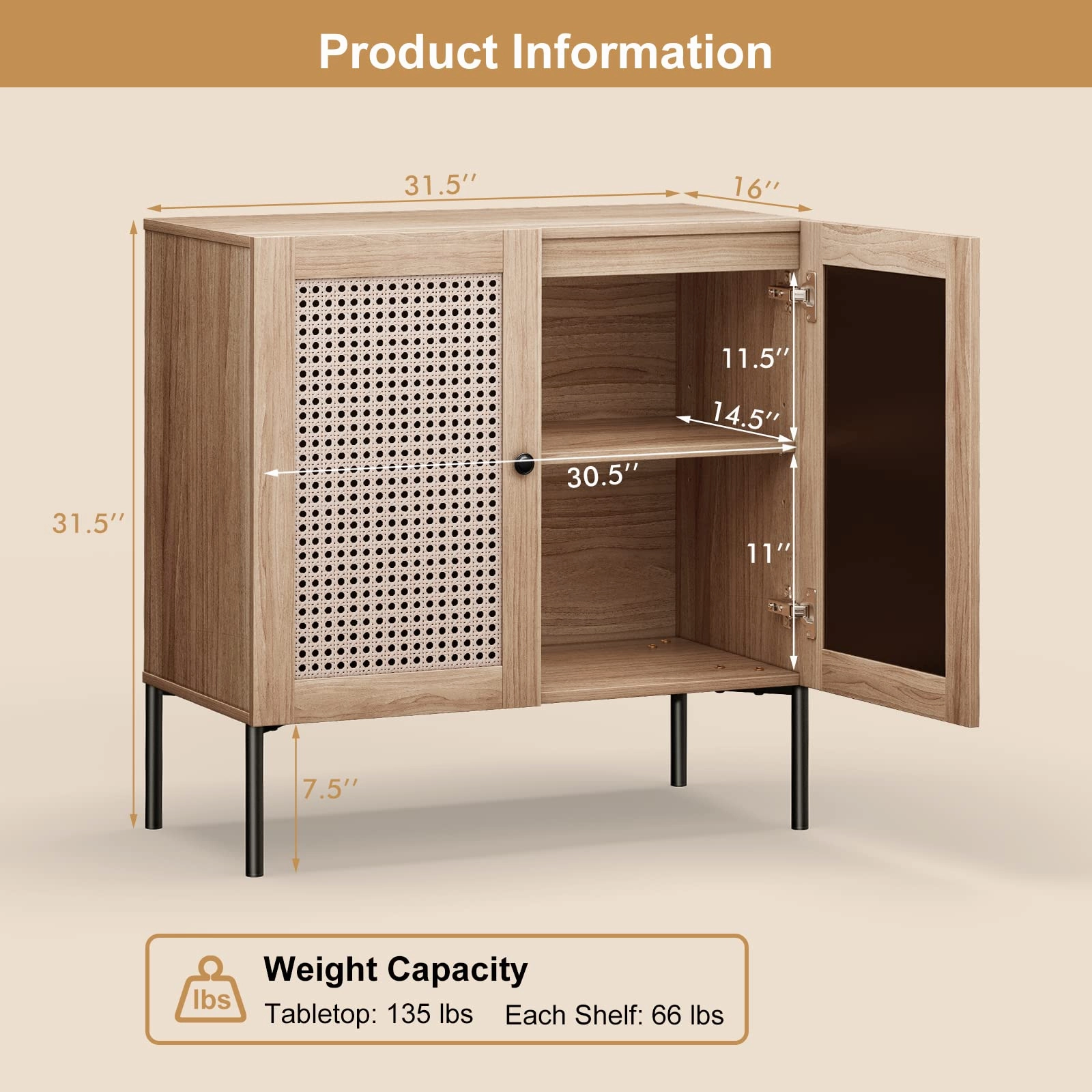 Giantex Buffet Cabinet, Wood Sideboard Storage Cabinet with Rattan Door, 3-Position Adjustable Shelf