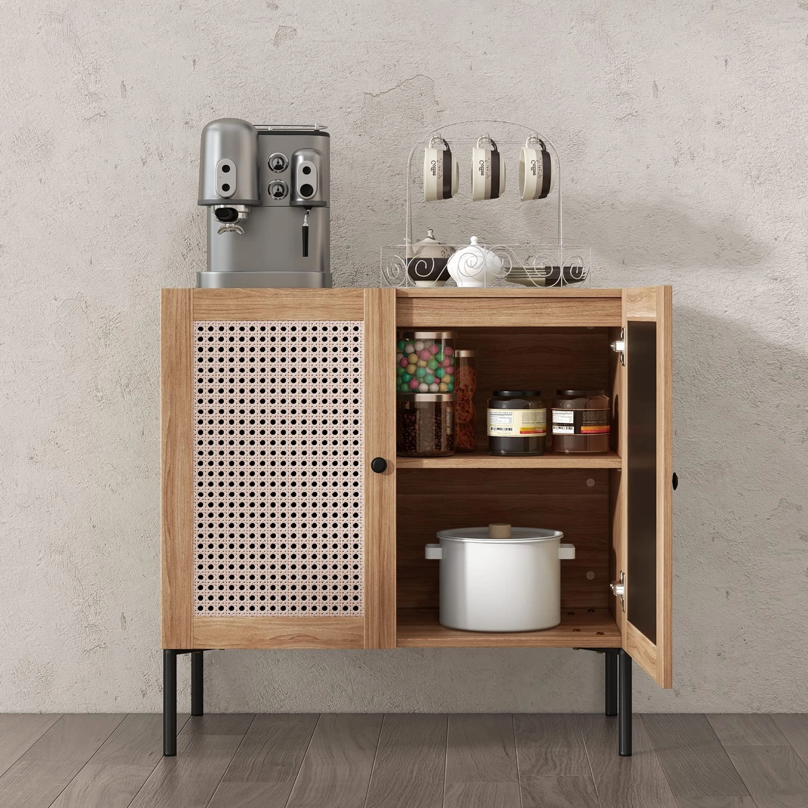 Giantex Buffet Cabinet, Wood Sideboard Storage Cabinet with Rattan Door, 3-Position Adjustable Shelf