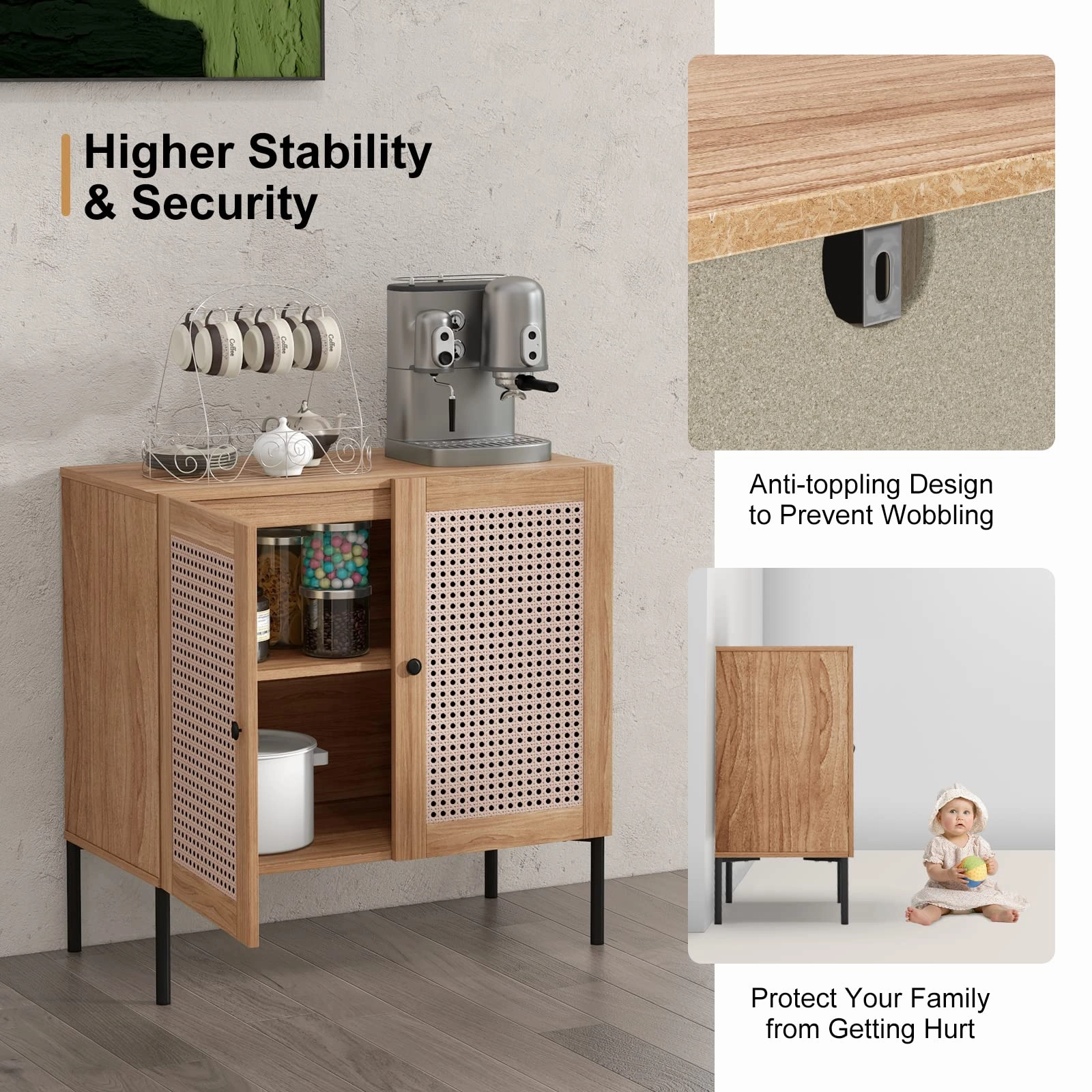 Giantex Buffet Cabinet, Wood Sideboard Storage Cabinet with Rattan Door, 3-Position Adjustable Shelf