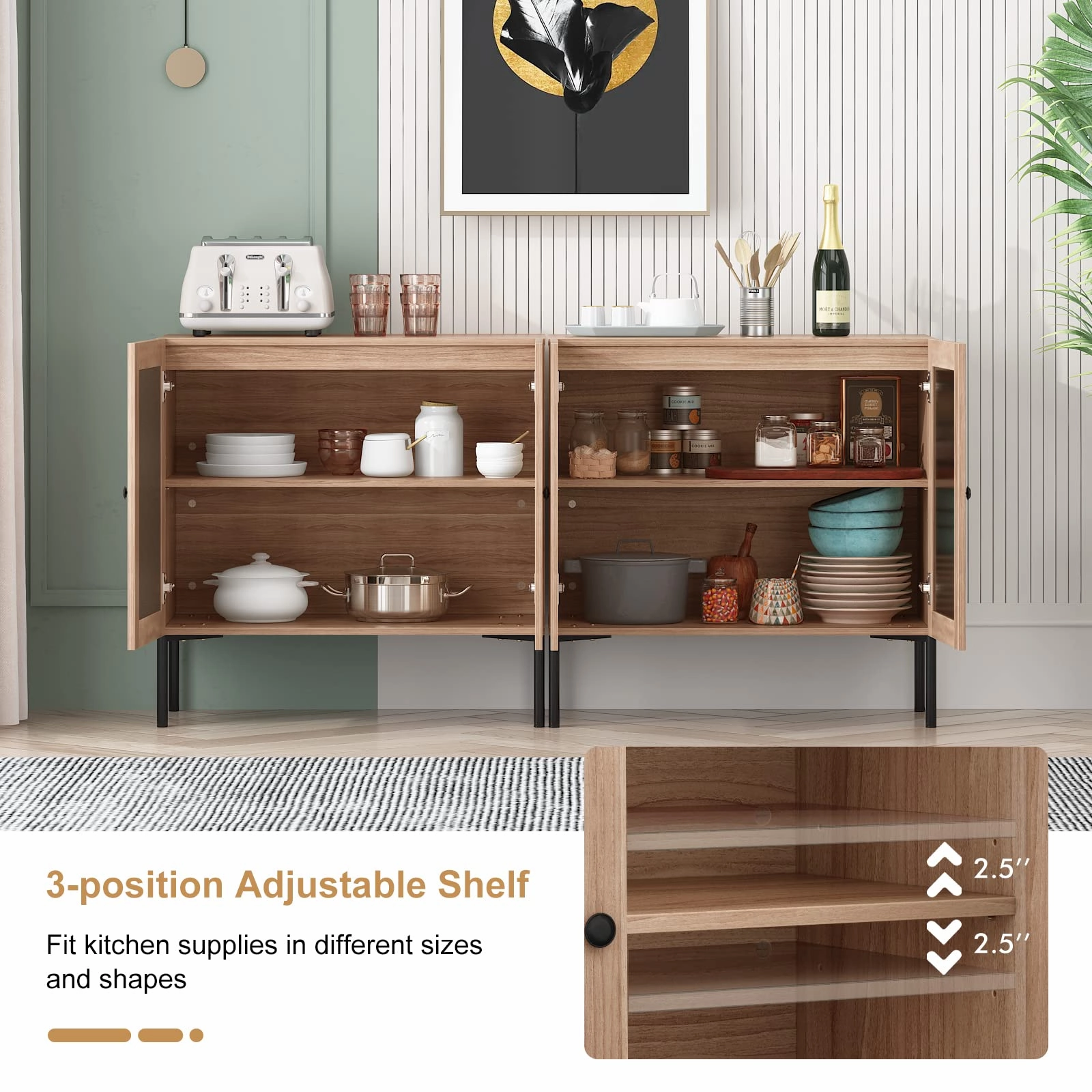 Giantex Buffet Cabinet, Wood Sideboard Storage Cabinet with Rattan Door, 3-Position Adjustable Shelf