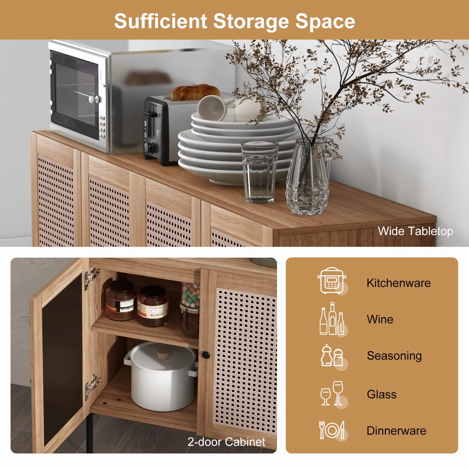 Giantex Buffet Cabinet, Wood Sideboard Storage Cabinet with Rattan Door, 3-Position Adjustable Shelf