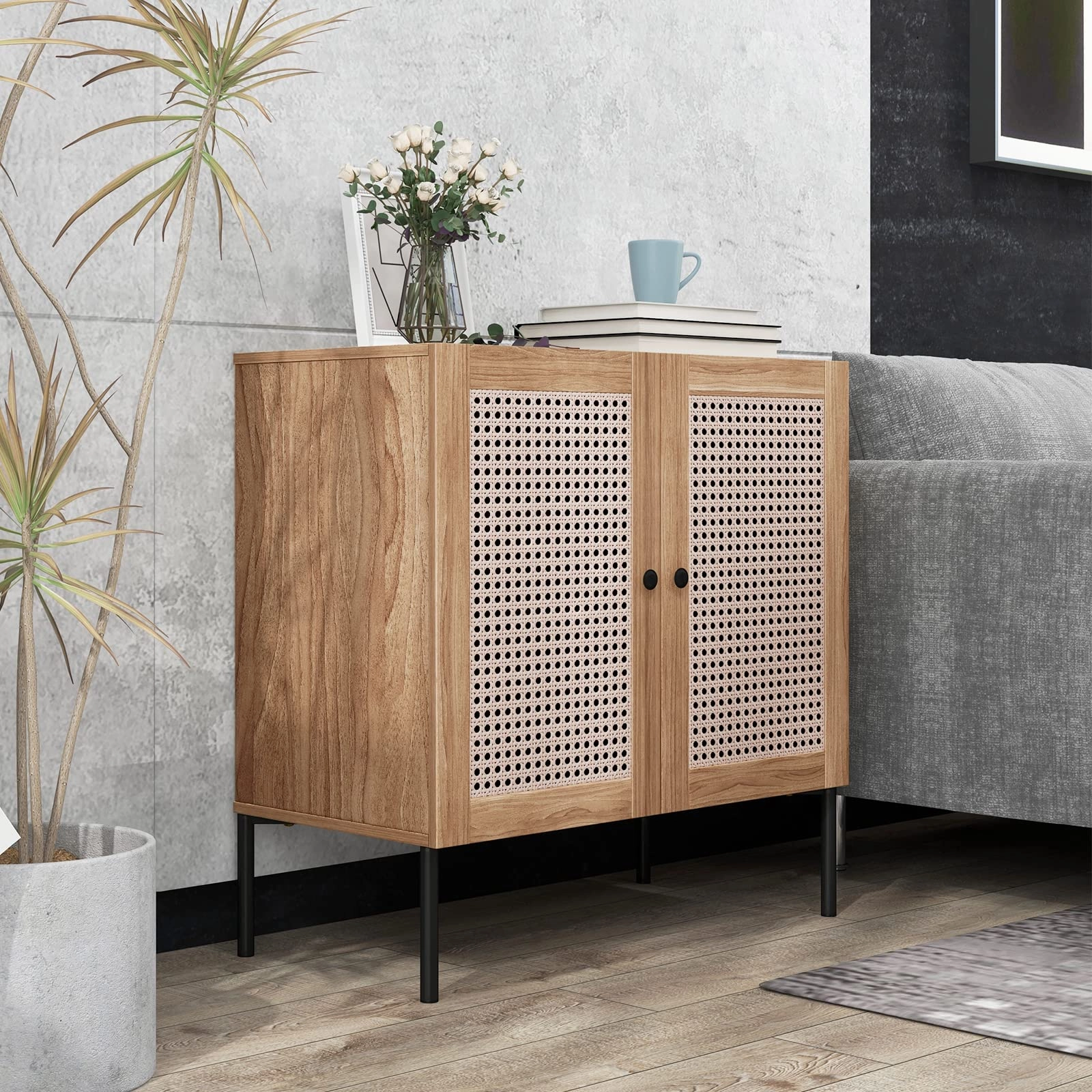 Giantex Buffet Cabinet, Wood Sideboard Storage Cabinet with Rattan Door, 3-Position Adjustable Shelf