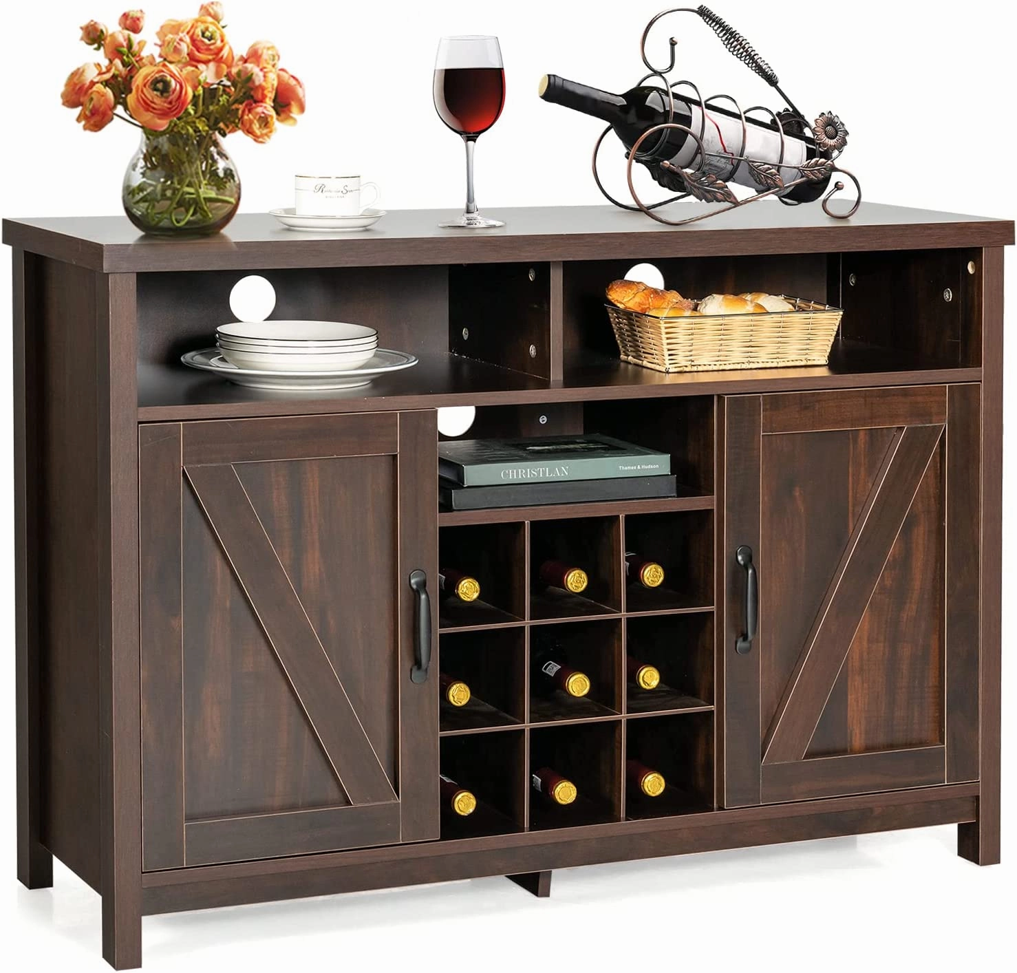 Giantex Buffet Sideboard, Farmhouse Kitchen Storage Cabinet, 9-Bottle Wine Rack & 2 Door Cabinets