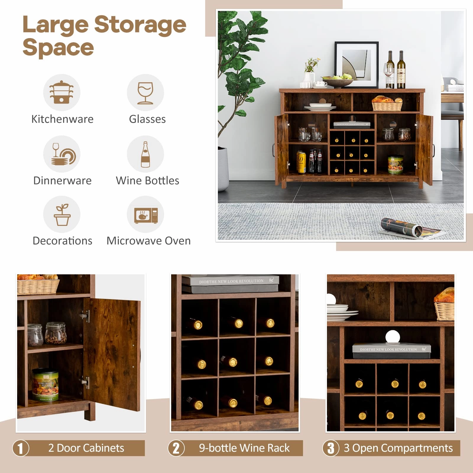 Giantex Buffet Sideboard, Farmhouse Kitchen Storage Cabinet, 9-Bottle Wine Rack & 2 Door Cabinets