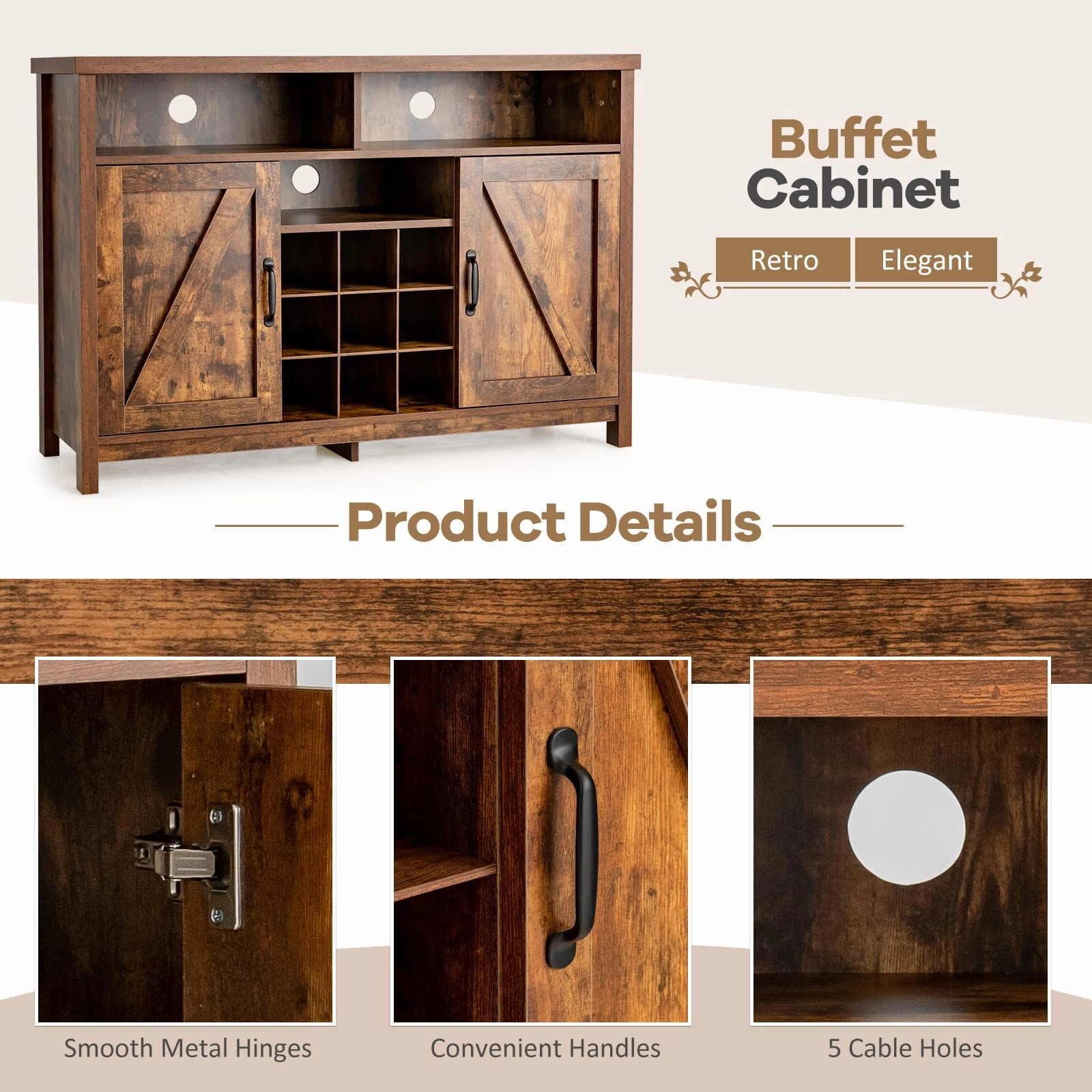 Giantex Buffet Sideboard, Farmhouse Kitchen Storage Cabinet, 9-Bottle Wine Rack & 2 Door Cabinets