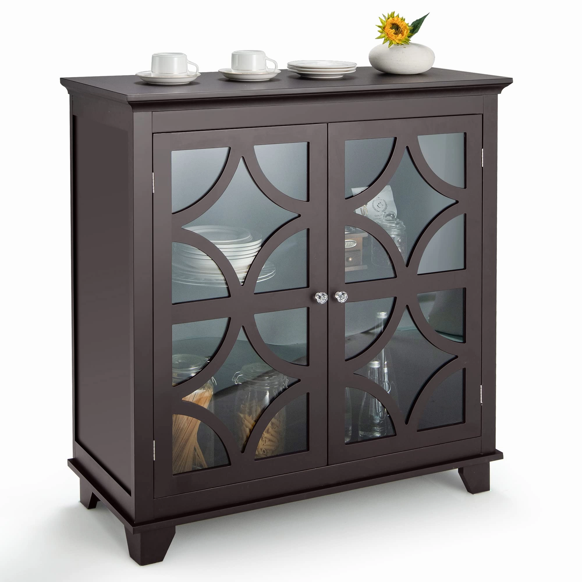 Giantex Buffet Sideboard, Freestanding Kitchen Cupboard w/Adjustable Shelf, 2 Decorative Glass Doors