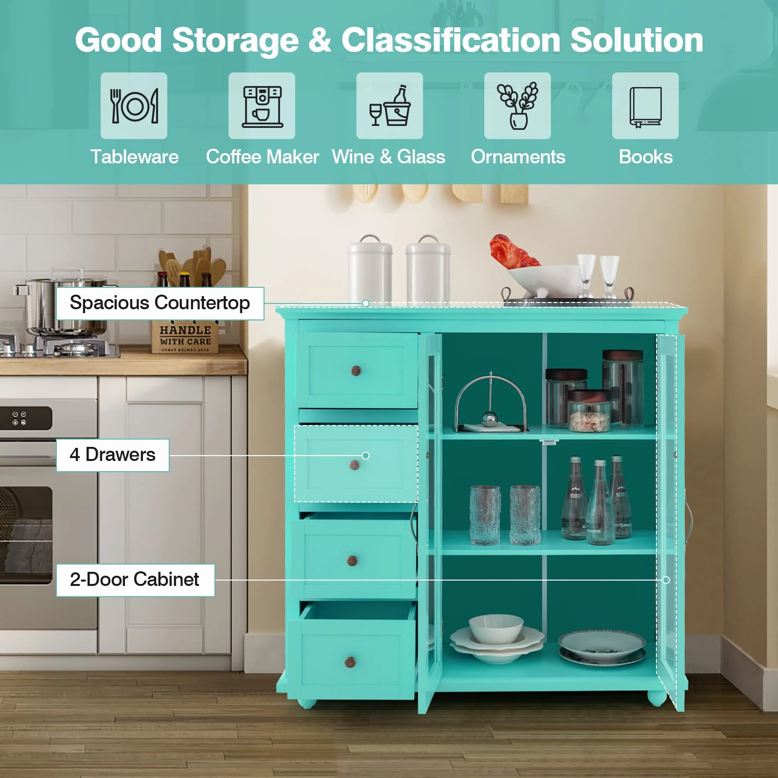 Giantex Buffet Sideboard with Storage - Kitchen Pantry Cabinet with 2 Doors, 4 Drawers, Adjustable Shelf
