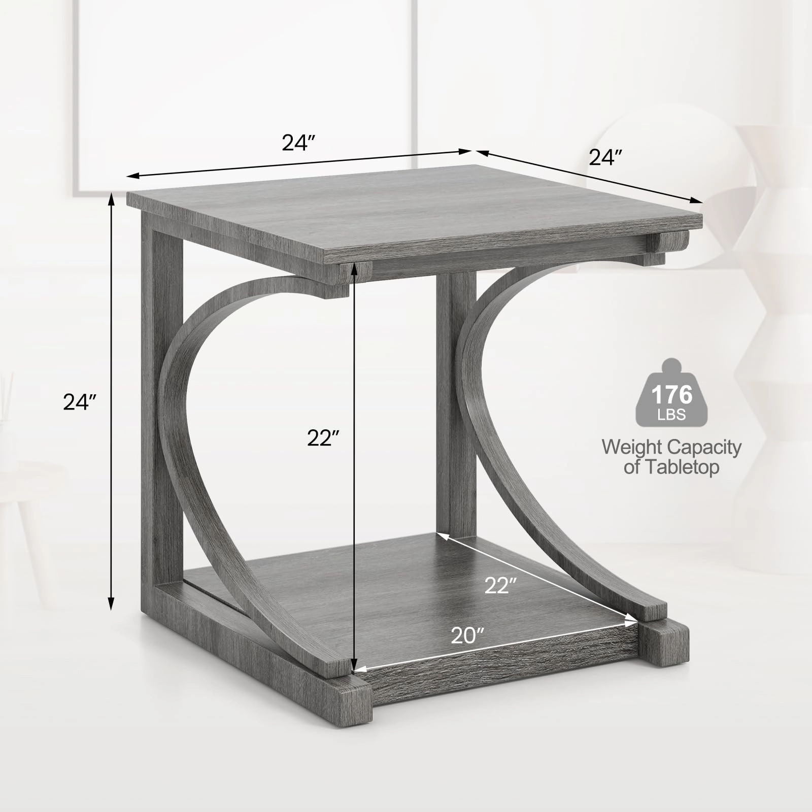 Giantex C-Shaped End Table, 24" Square Couch Table with Bottom Storage Shelf & Solid Rubber Wood Frame