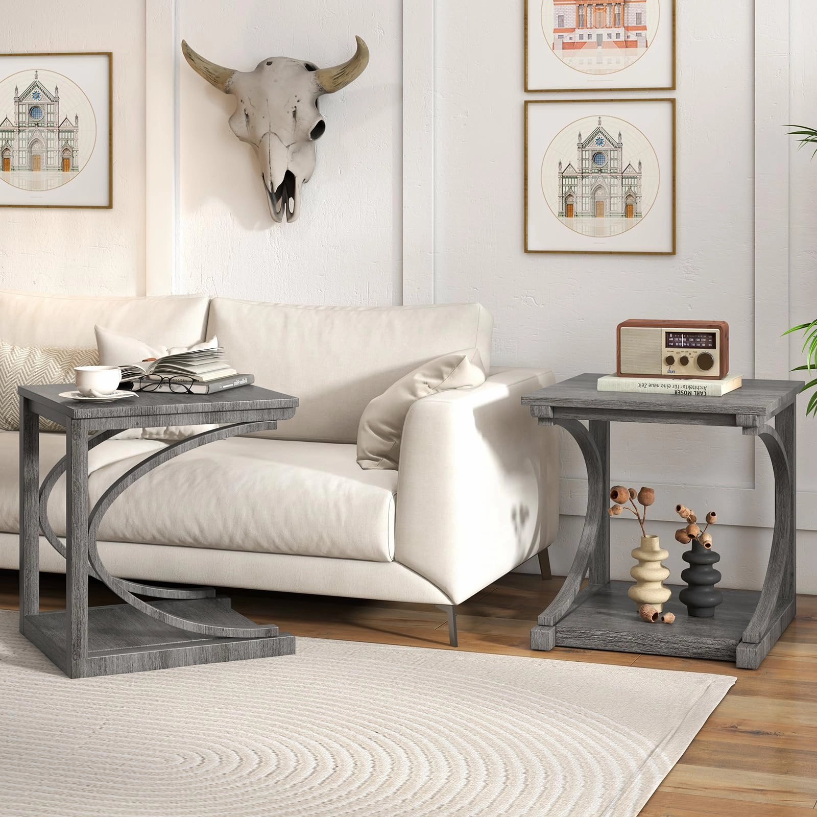 Giantex C-Shaped End Table, 24" Square Couch Table with Bottom Storage Shelf & Solid Rubber Wood Frame