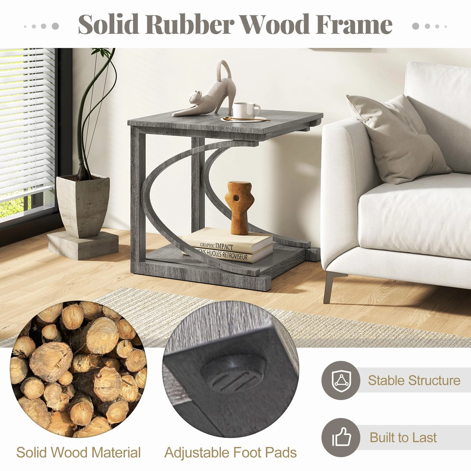 Giantex C-Shaped End Table, 24" Square Couch Table with Bottom Storage Shelf & Solid Rubber Wood Frame