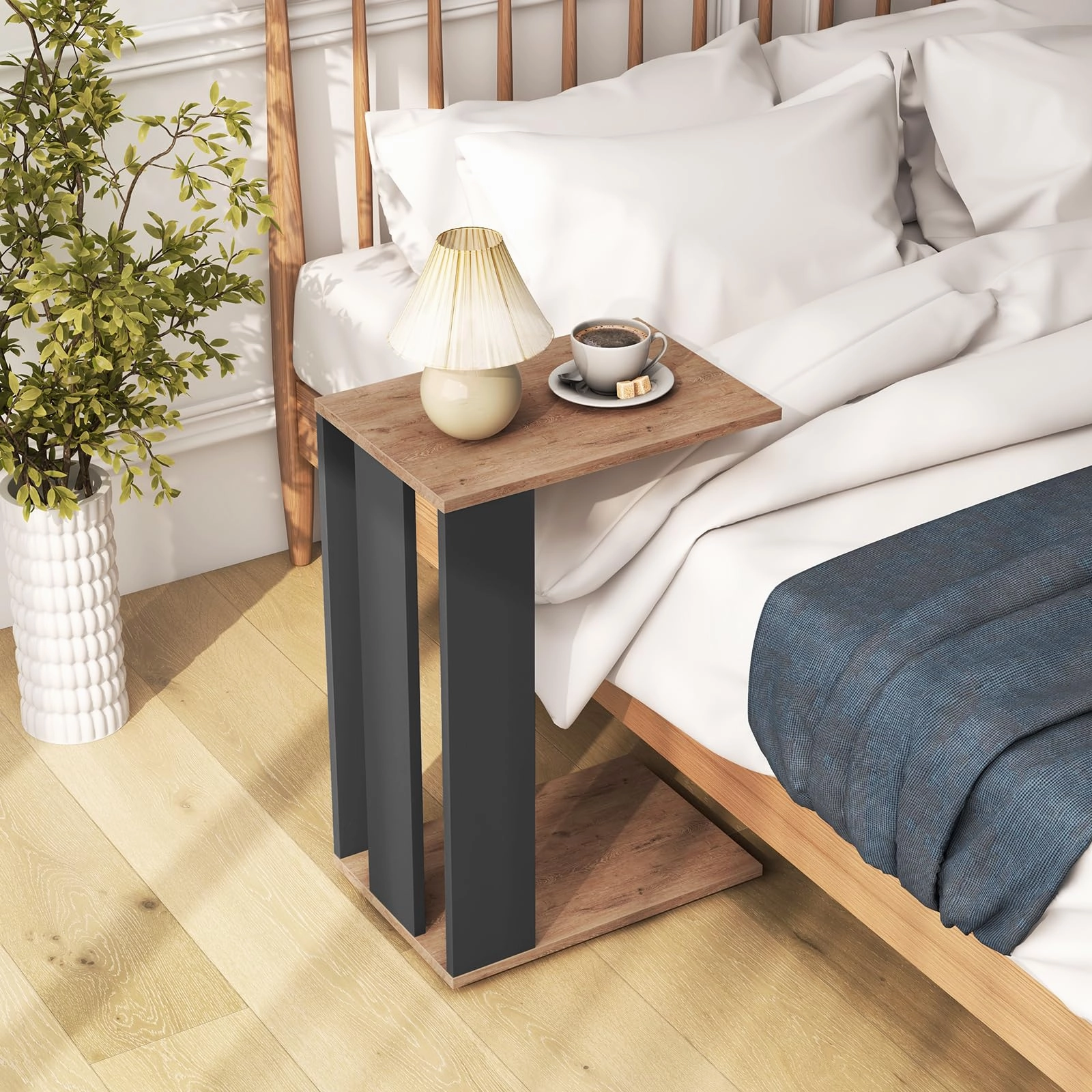 Giantex C Shaped End Table, 2-Tier Sofa Side Table with Universal Wheels & Storage Shelf
