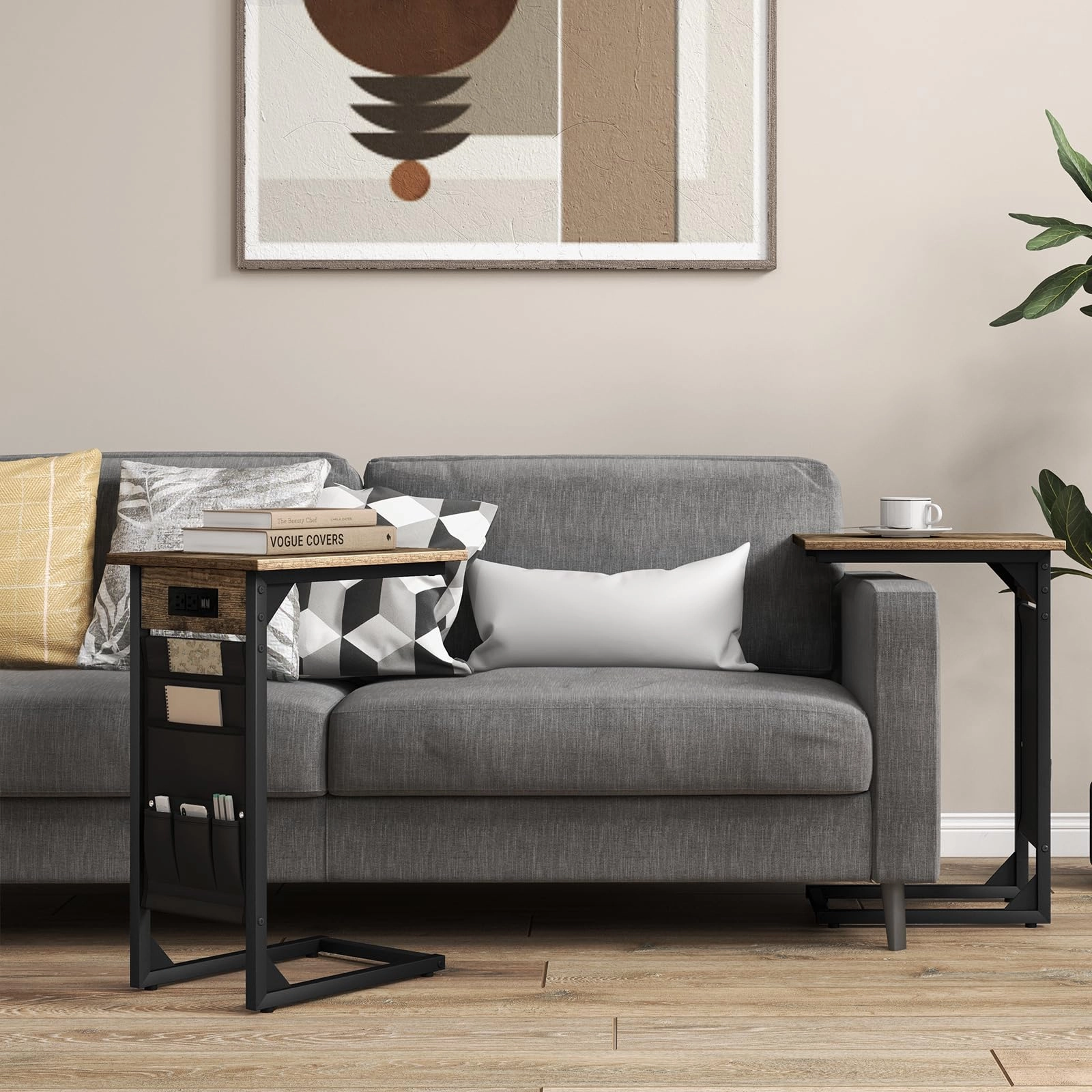 Giantex C Shaped End Table Set of 2, Sofa Side Table with Charging Station & Side Storage Bag, Rustic Brown