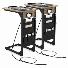 Giantex C Shaped End Table Set of 2, Sofa Side Table with Charging Station & Side Storage Bag, Rustic Brown entry bench, mudroom storage