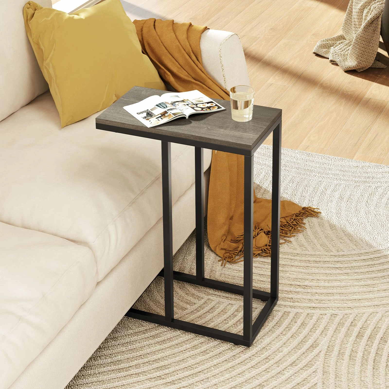 Giantex C Shaped End Table, Small Side Table for Sofa, Couch Table That Slide Under with Metal Frame