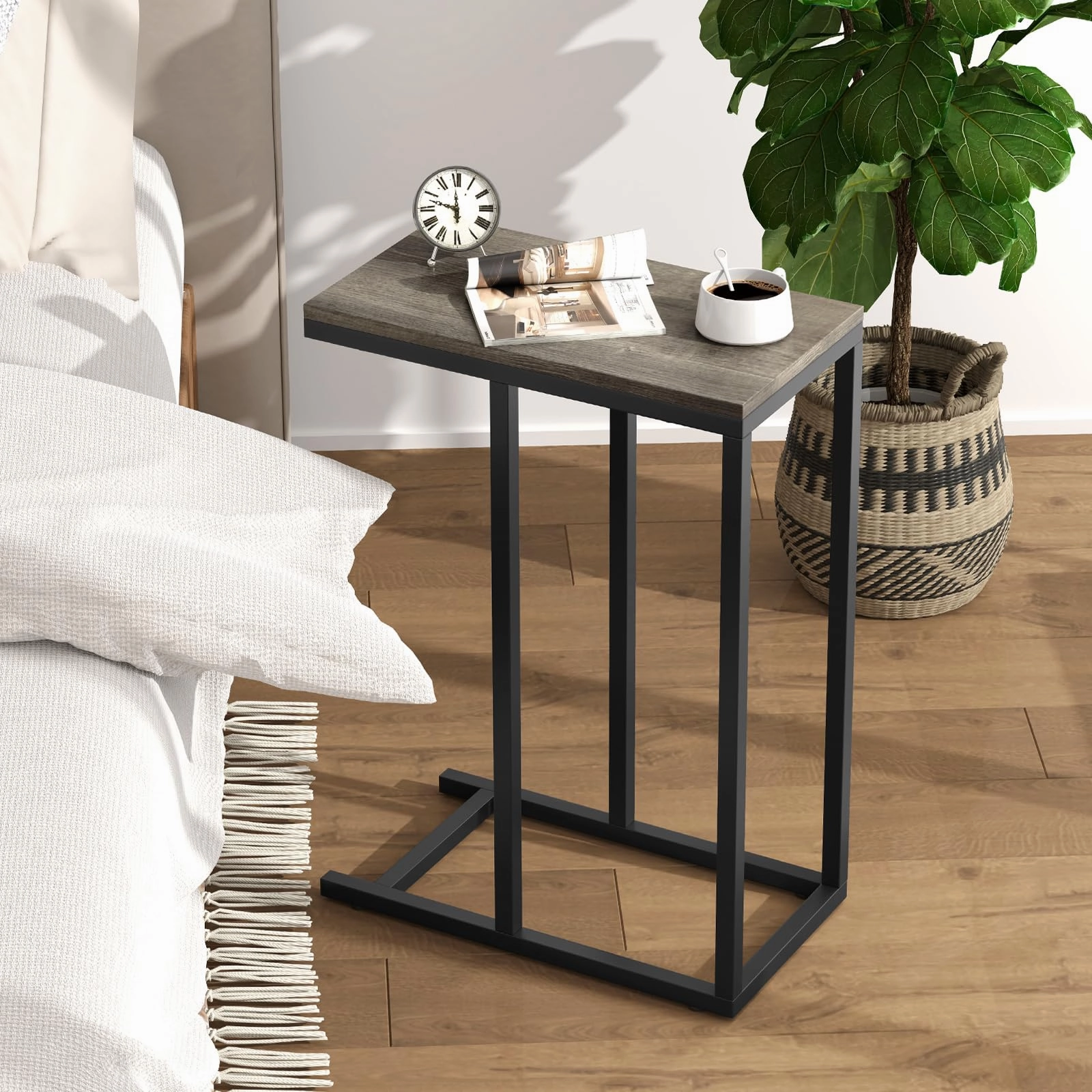 Giantex C Shaped End Table, Small Side Table for Sofa, Couch Table That Slide Under with Metal Frame