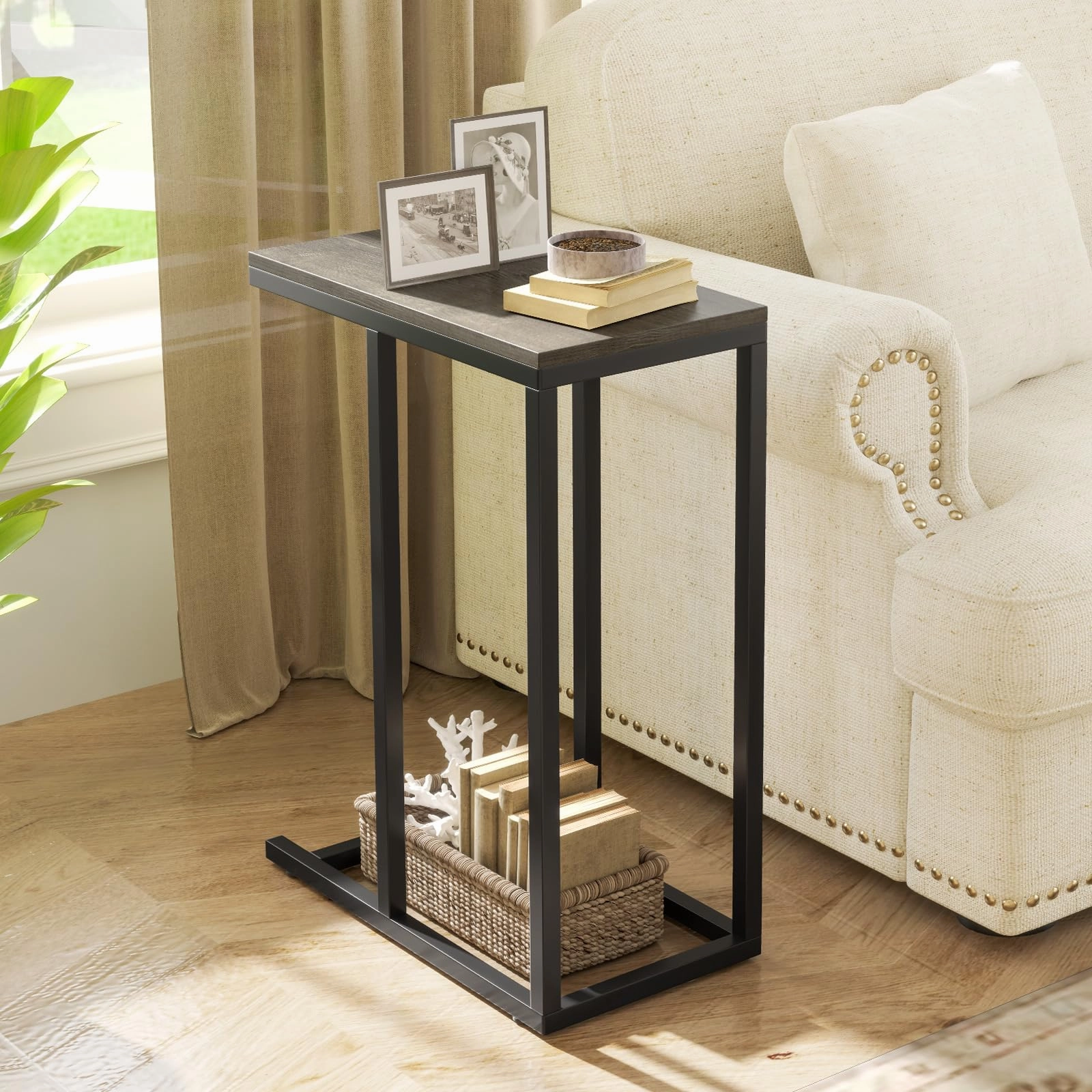 Giantex C Shaped End Table, Small Side Table for Sofa, Couch Table That Slide Under with Metal Frame
