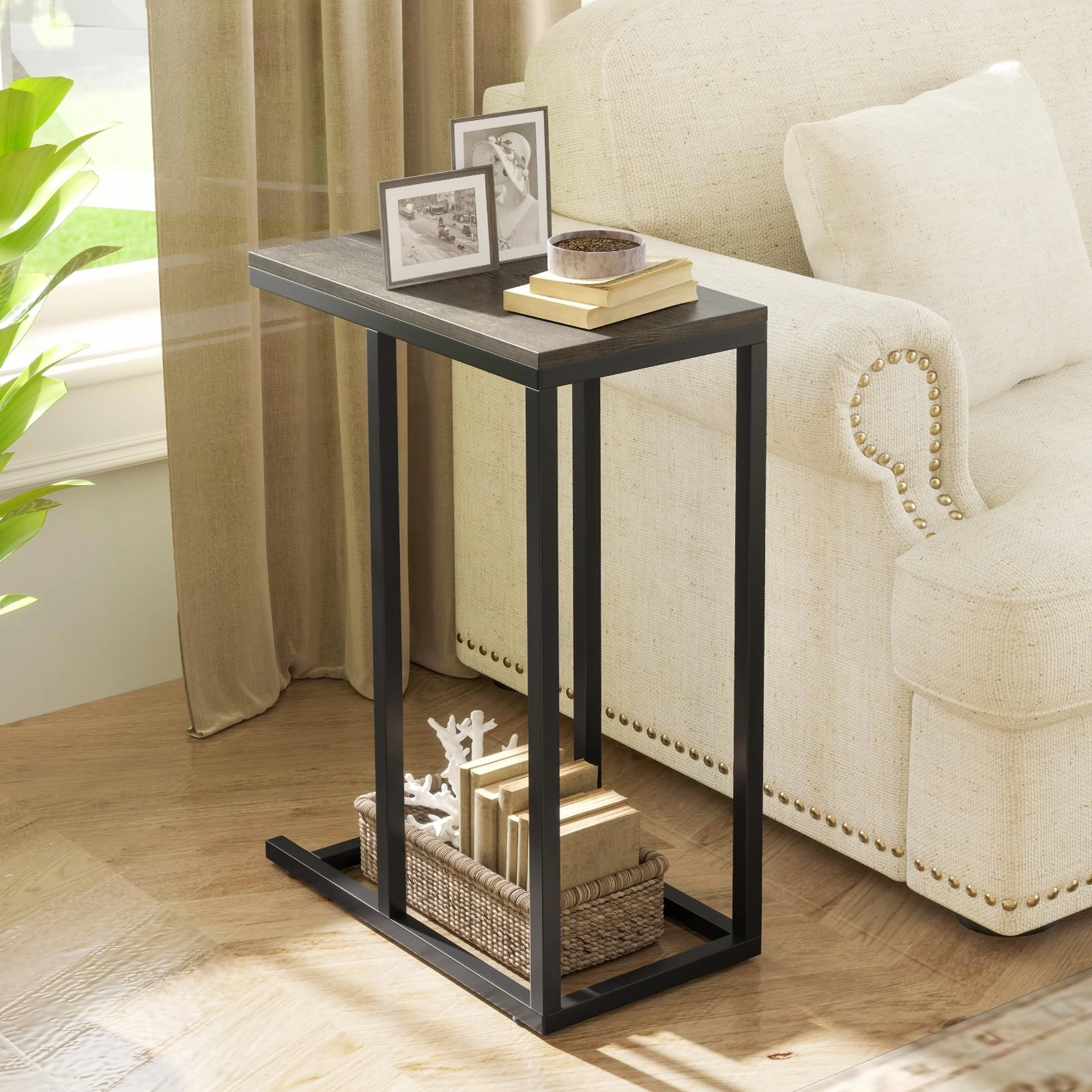 Giantex C Shaped End Table, Small Side Table for Sofa, Couch Table That Slide Under with Metal Frame