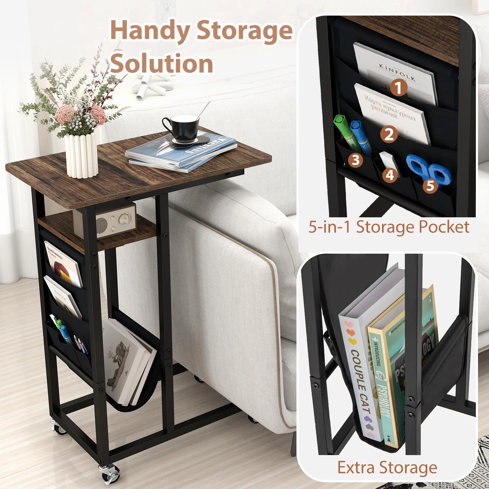 Giantex C Shaped End Table with Charging Station and Wheels